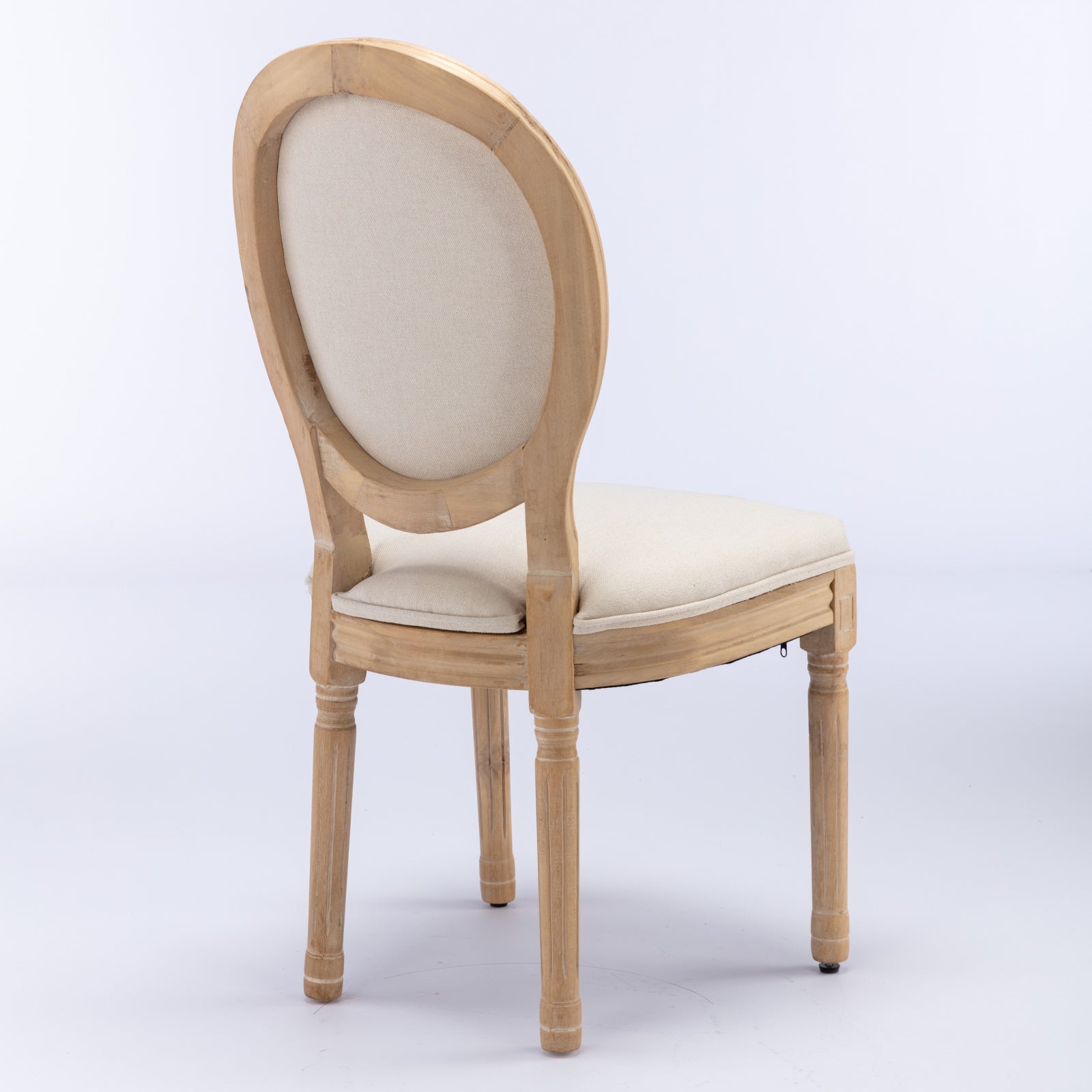Distressed wood frame upholstered dining chair with beige linen seat and back