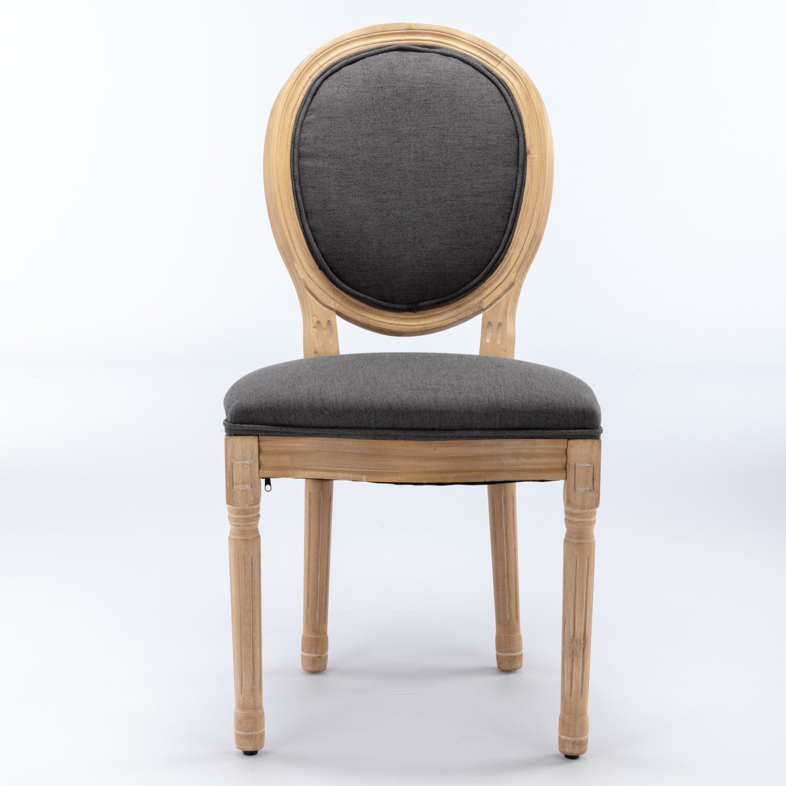 Elegant upholstered dining chair with dark gray fabric and light wood frame