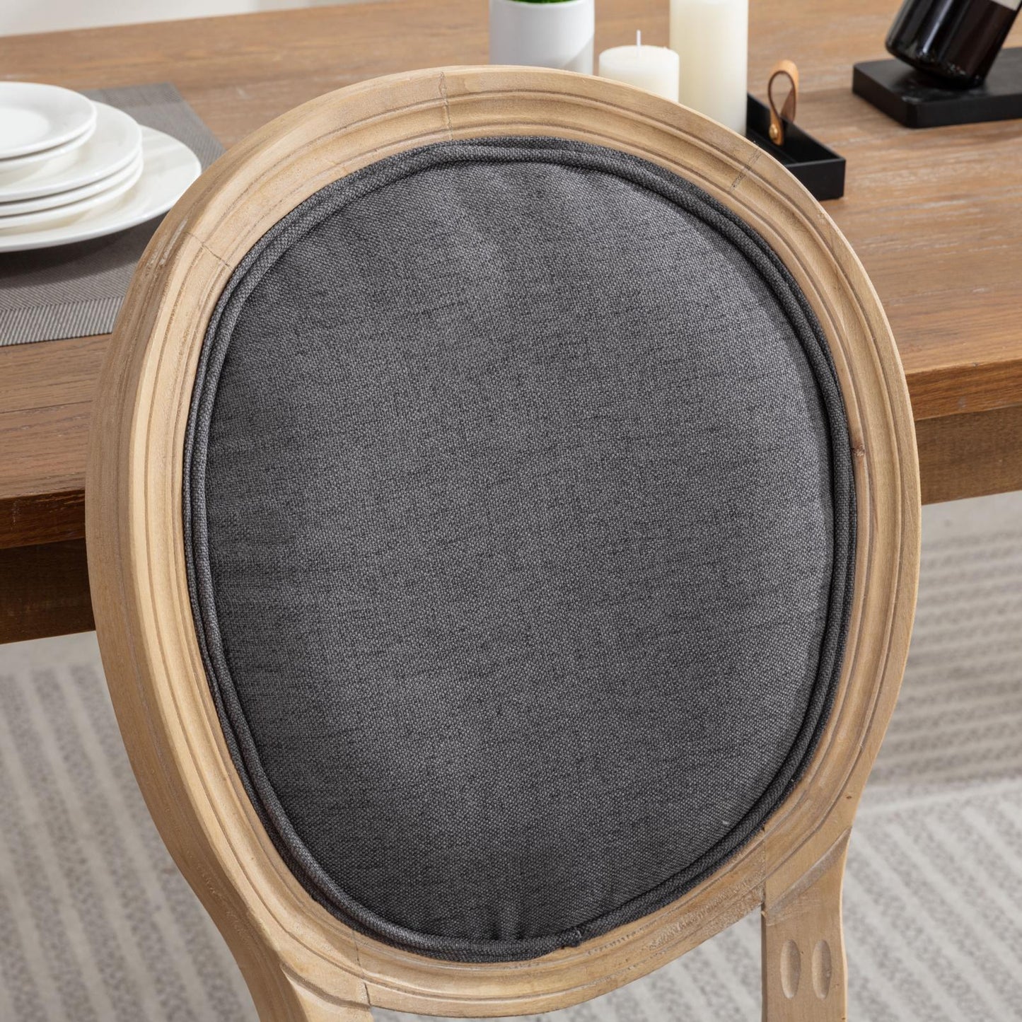 Distressed wood Louis XVI armchair with dark grey upholstered seat cushion