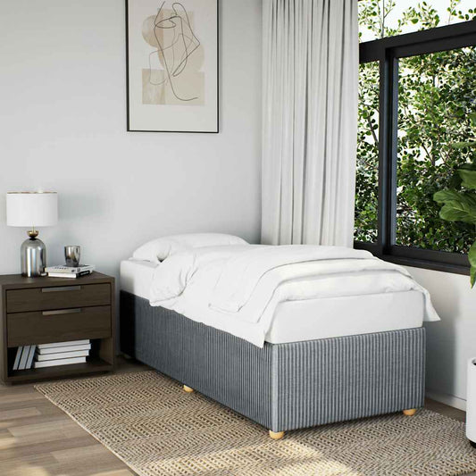 Single divan bed base with grey striped fabric and wooden legs