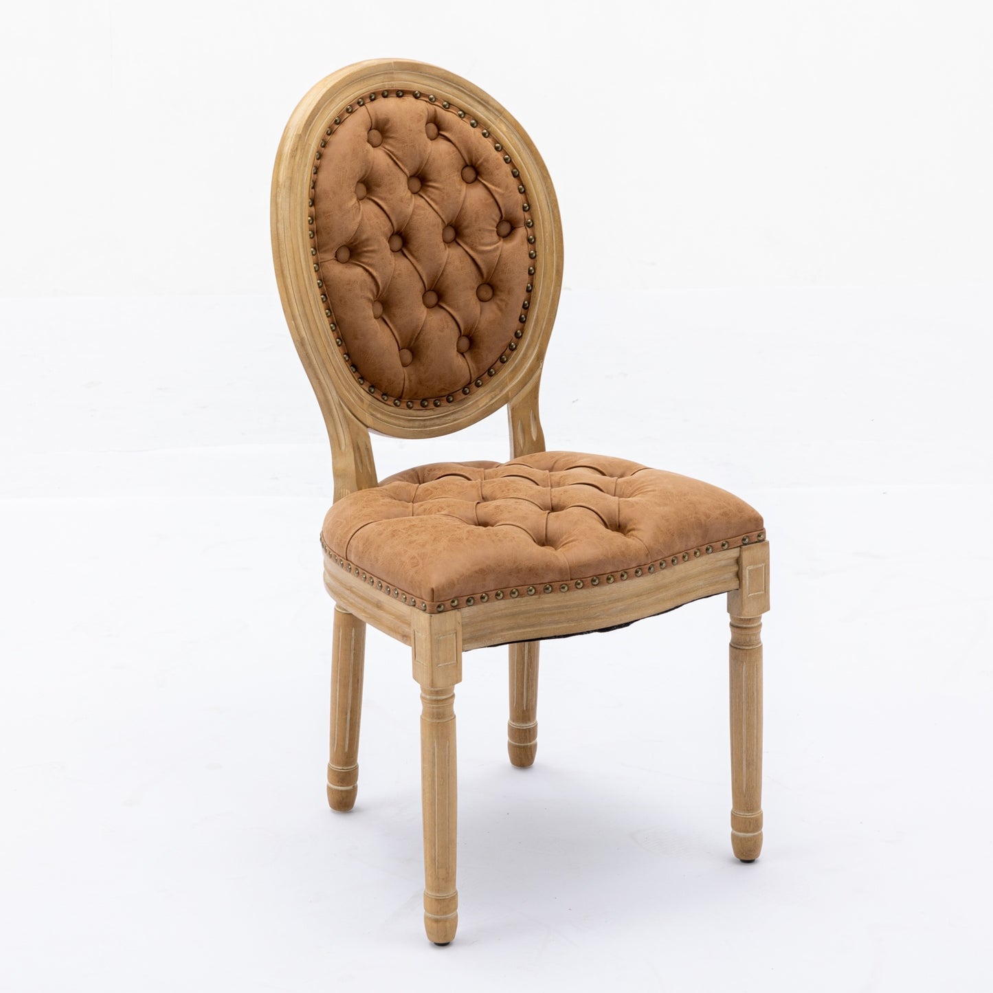 Tufted brown fabric accent chair with weathered wood frame