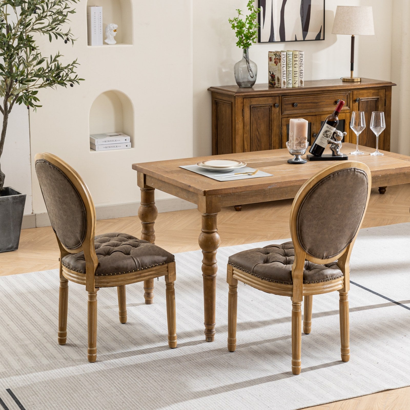 Tufted brown leather dining chair with wooden frame ideal for elegant dining rooms
