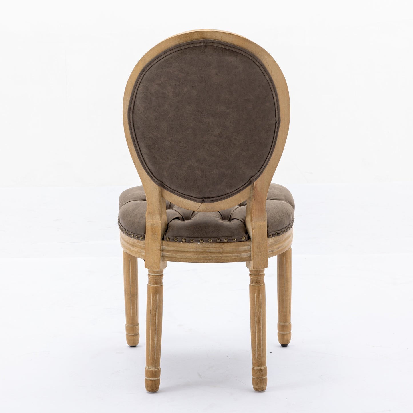 Vintage oak and distressed brown leather accent chair with brass nailhead trim