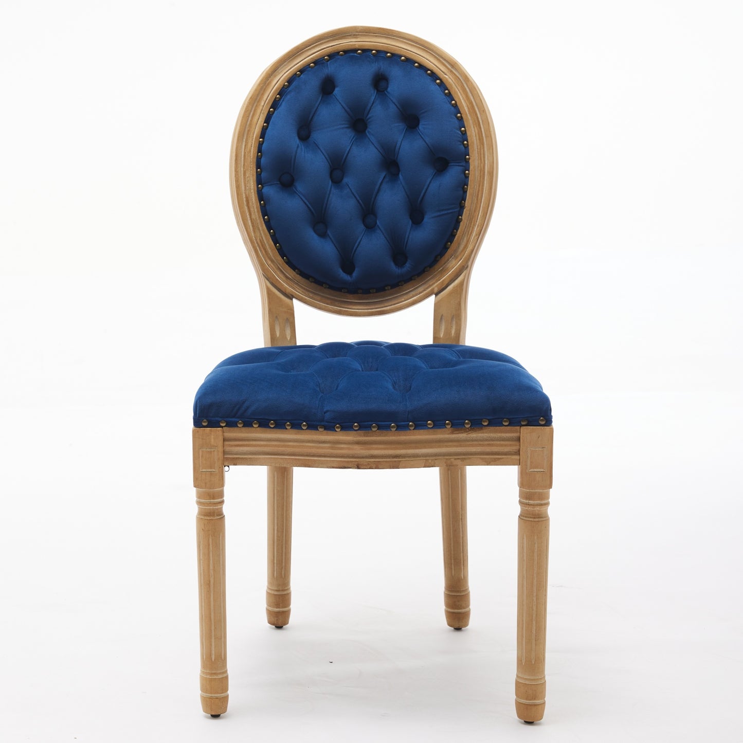 Tufted navy blue velvet accent chair with distressed wood frame