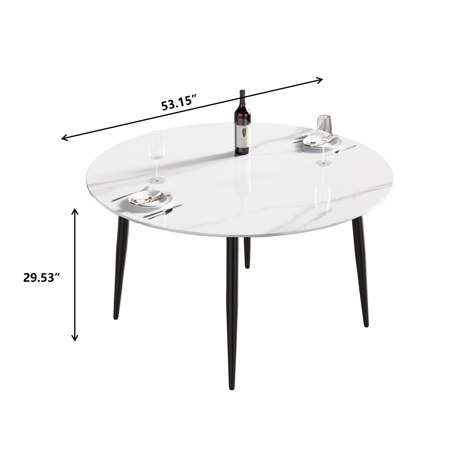 Round white marble dining table with black tapered legs