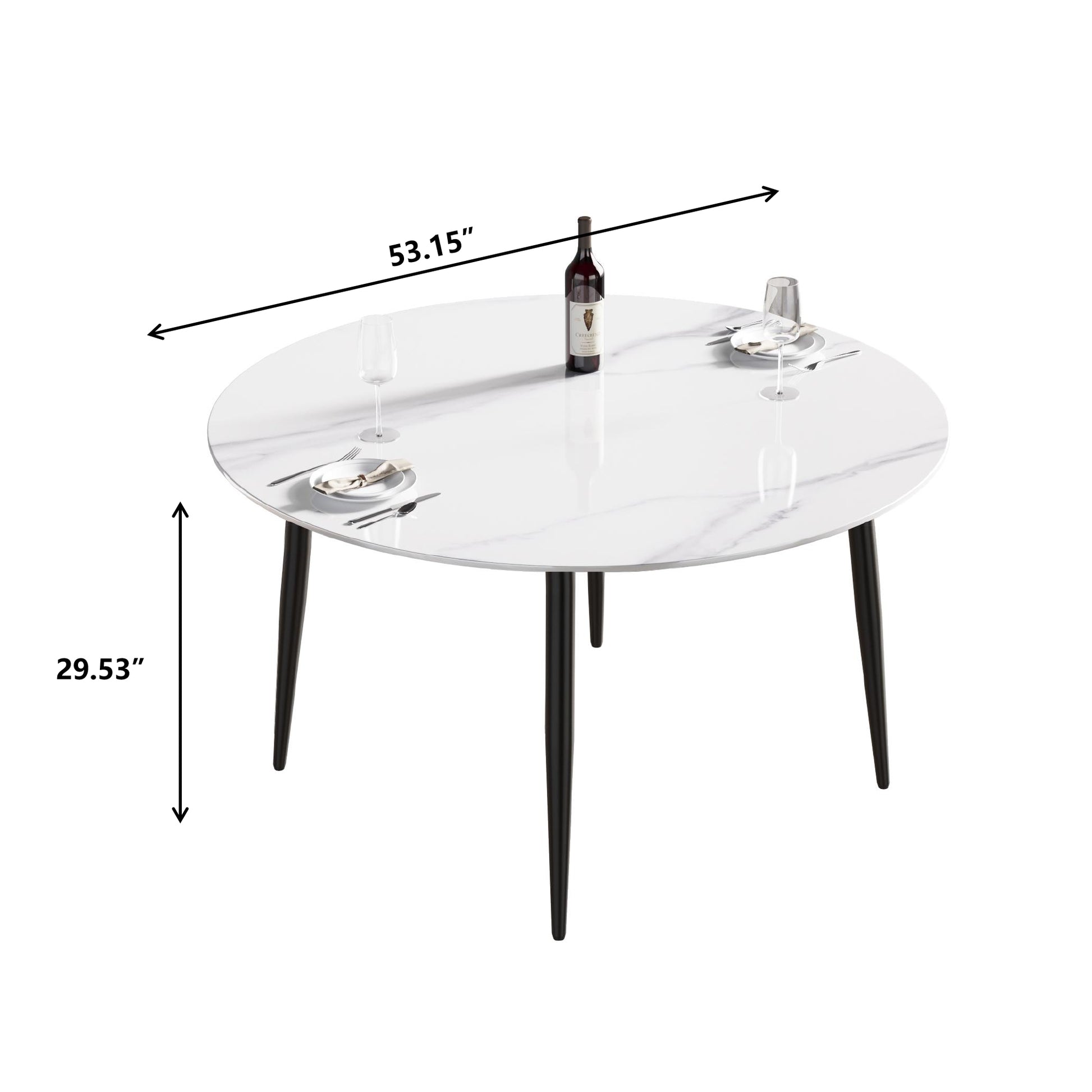 Round white marble dining table with black tapered legs