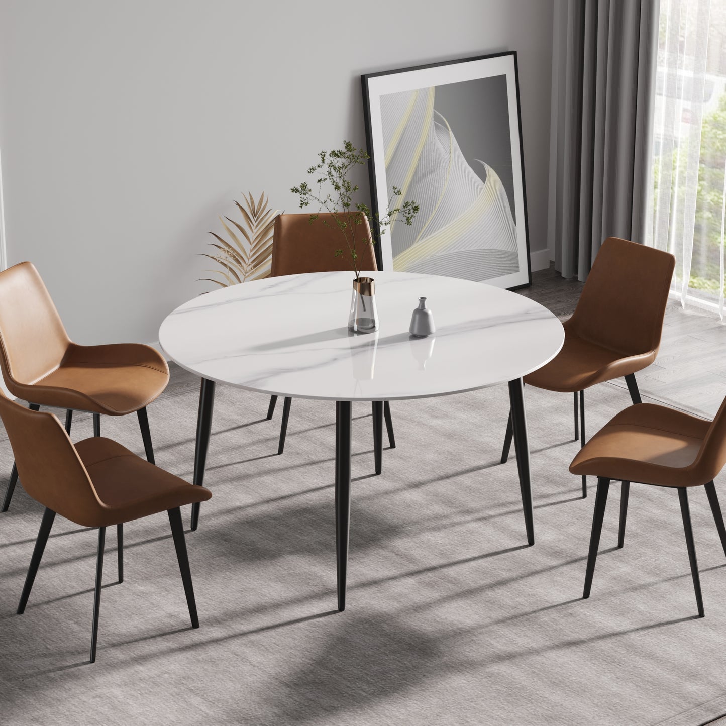 Modern white marble dining table with four brown leather chairs