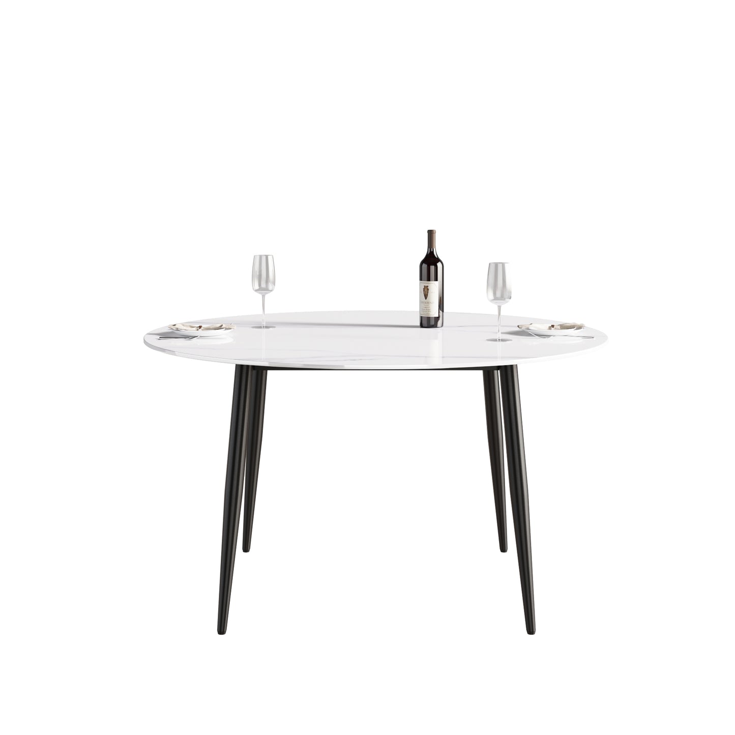 Modern white dining table with black legs set for two