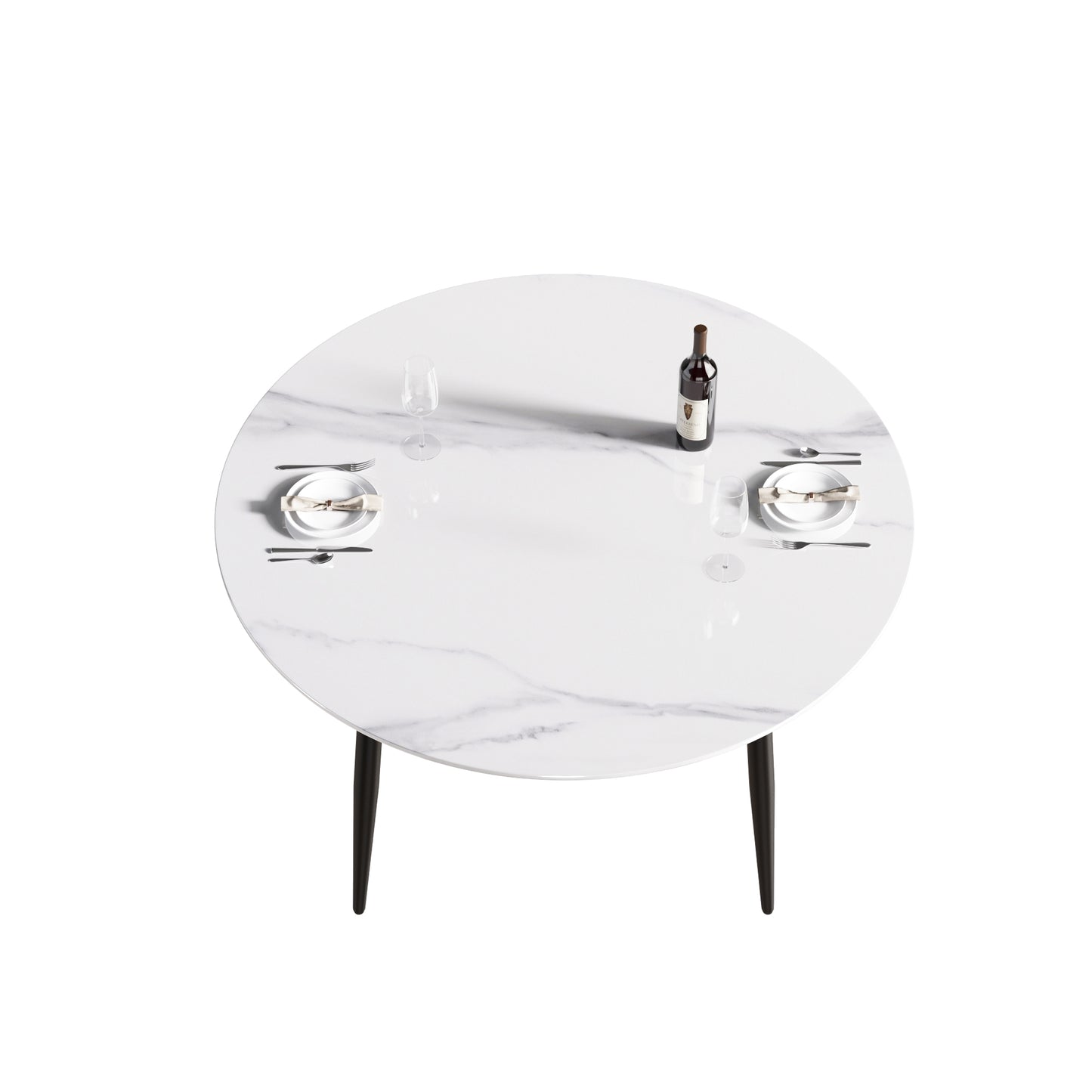 White marble top round dining table with black tapered legs set for two
