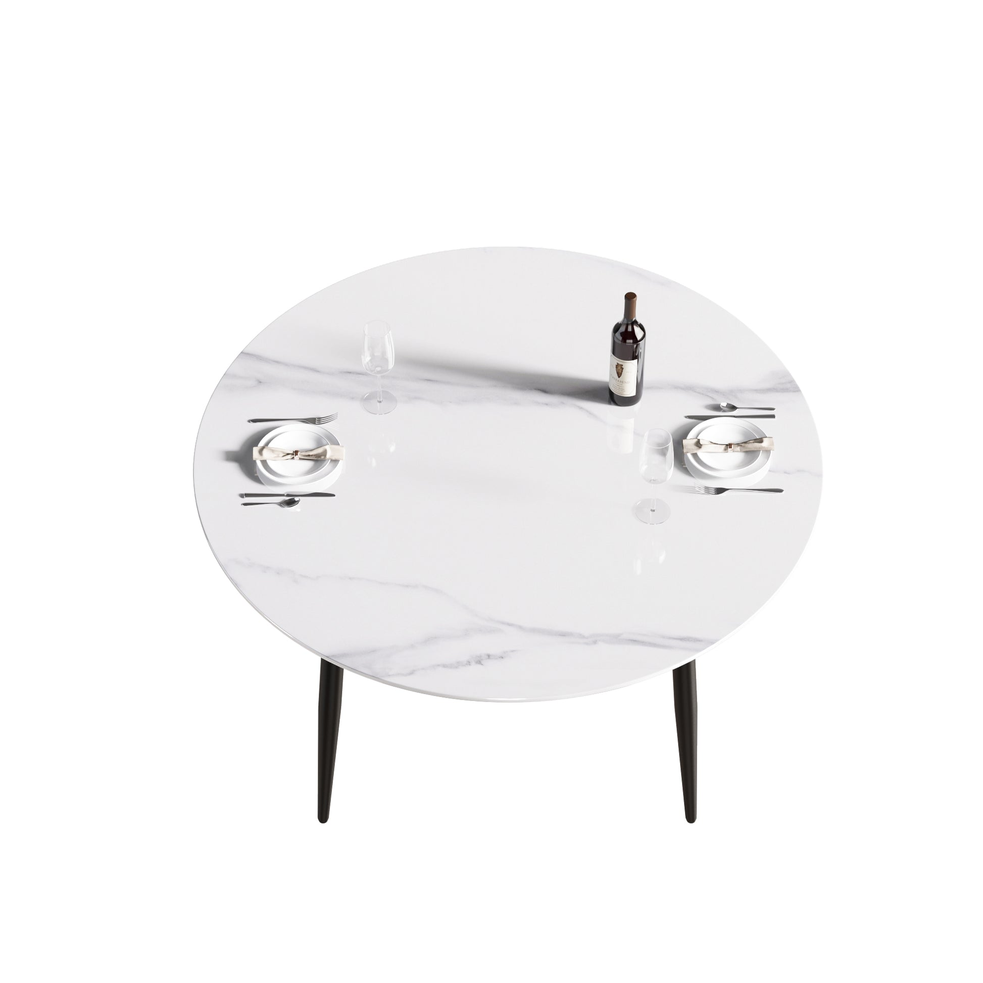 White marble top round dining table with black tapered legs set for two
