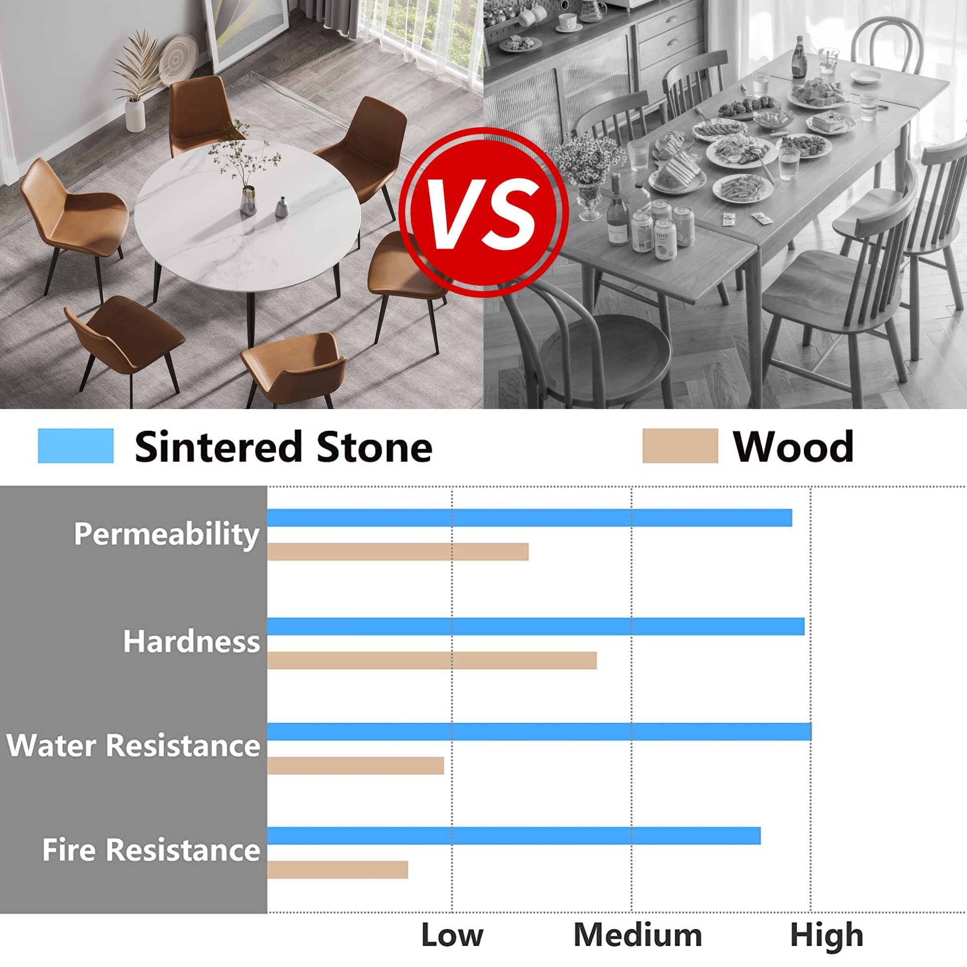Sintered stone dining table with marble pattern next to brown chairs