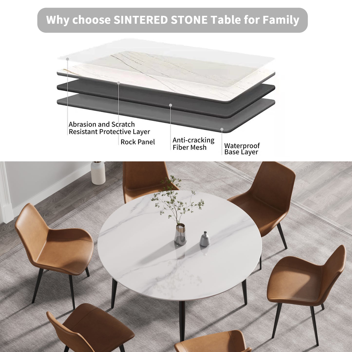 Round white sintered stone dining table with marble veins