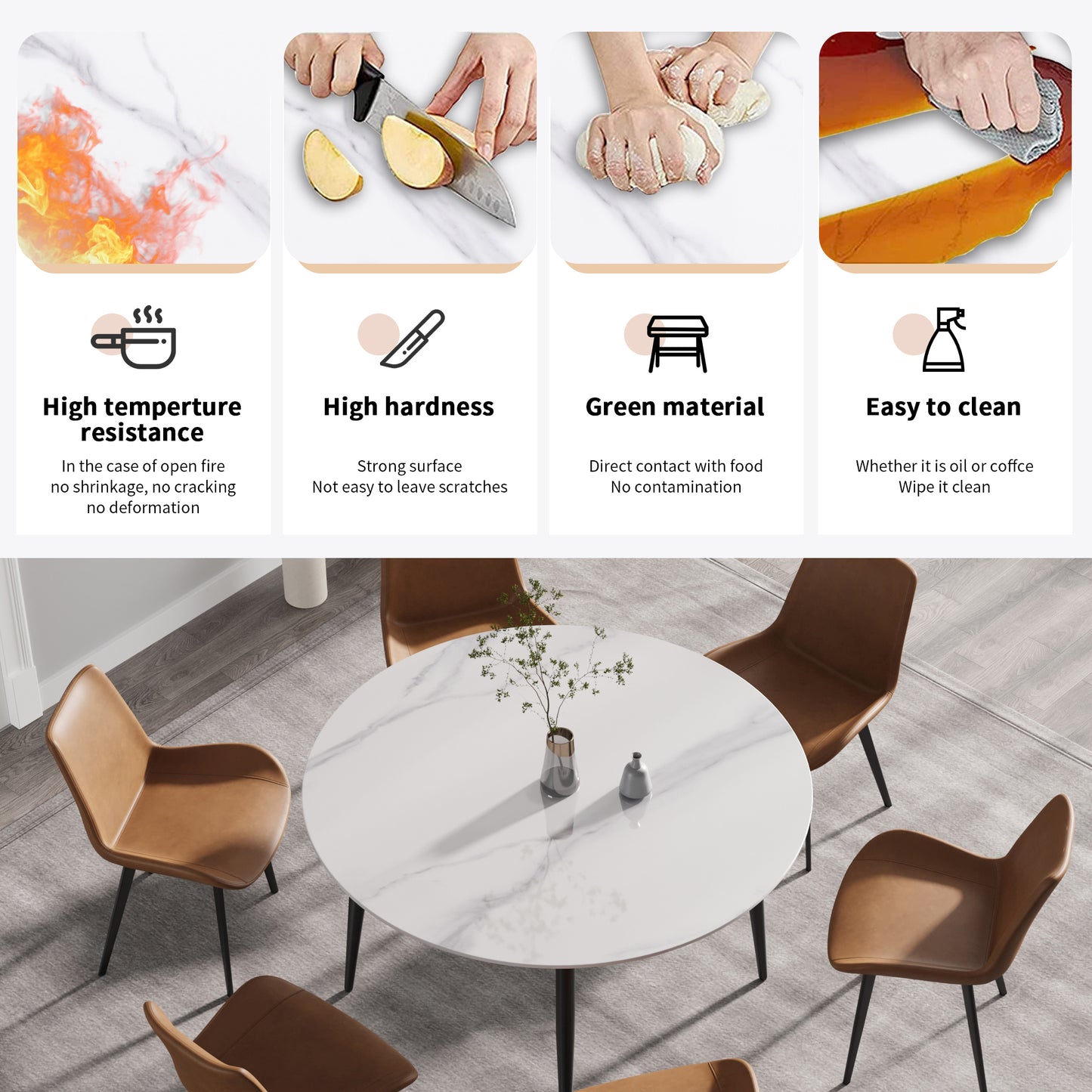 White marble dining table with brown leather chairs in a modern dining room