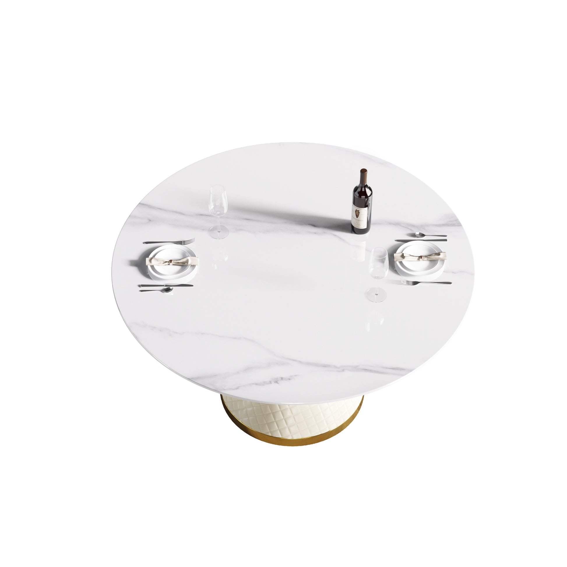 Round marble dining table with gold pedestal base and place settings