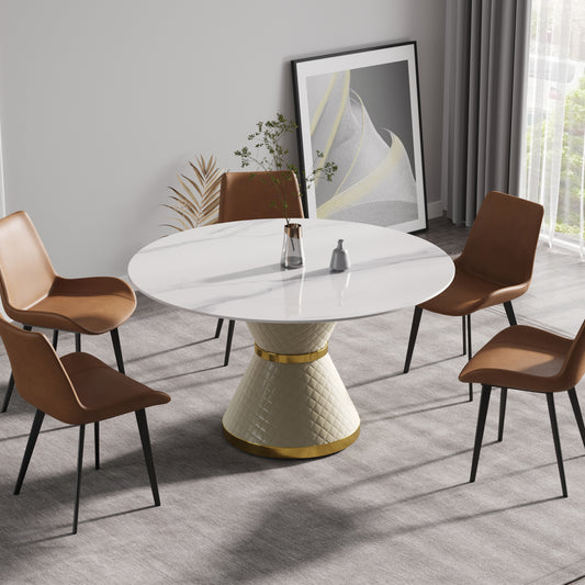 Round white marble top dining table with quilted base