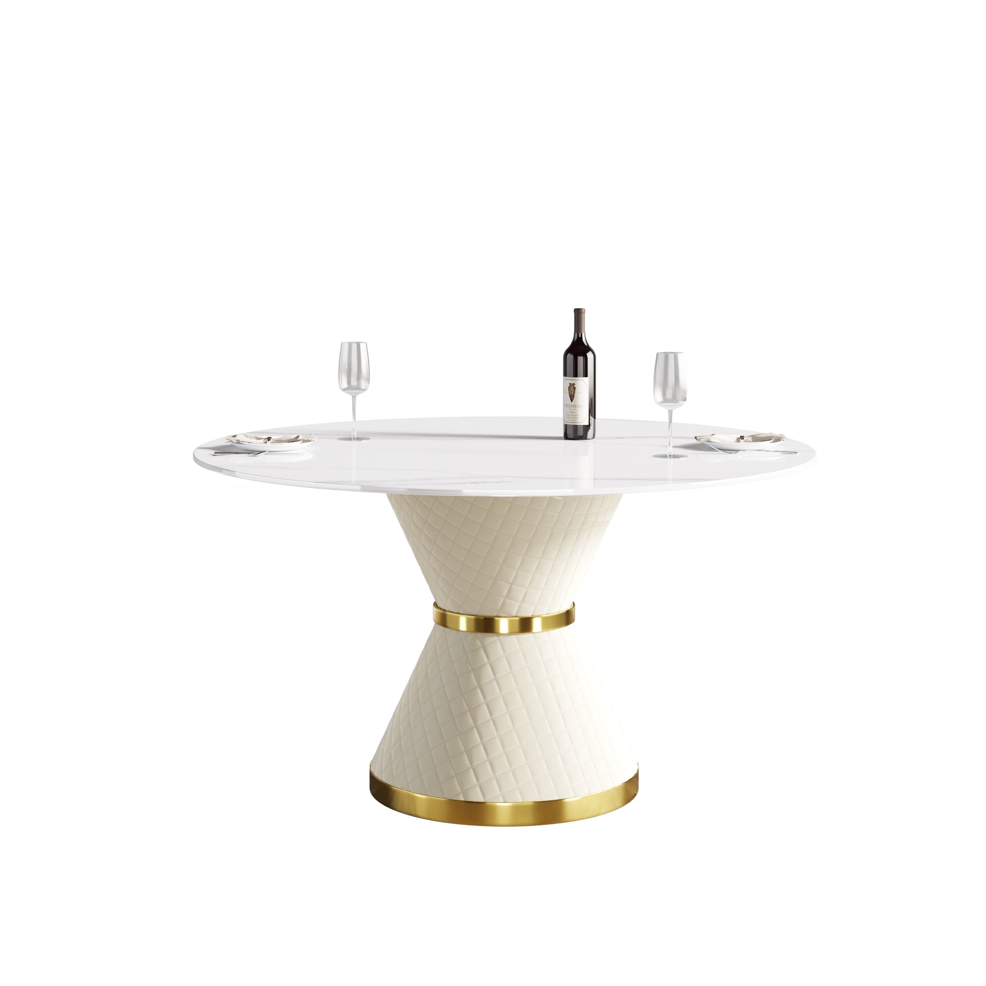 Cream quilted pedestal dining table with polished white top