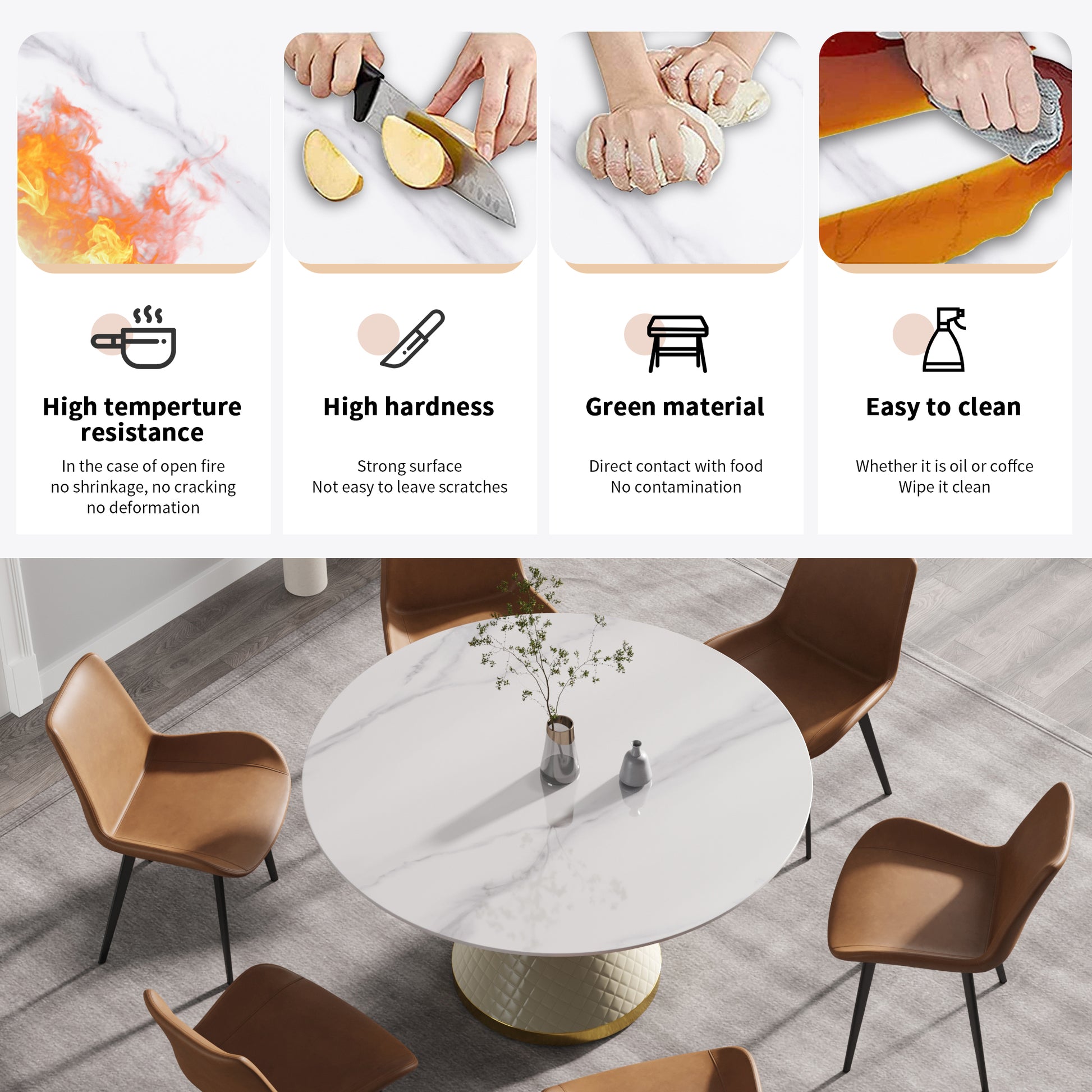 White marble dining table with four brown leather chairs