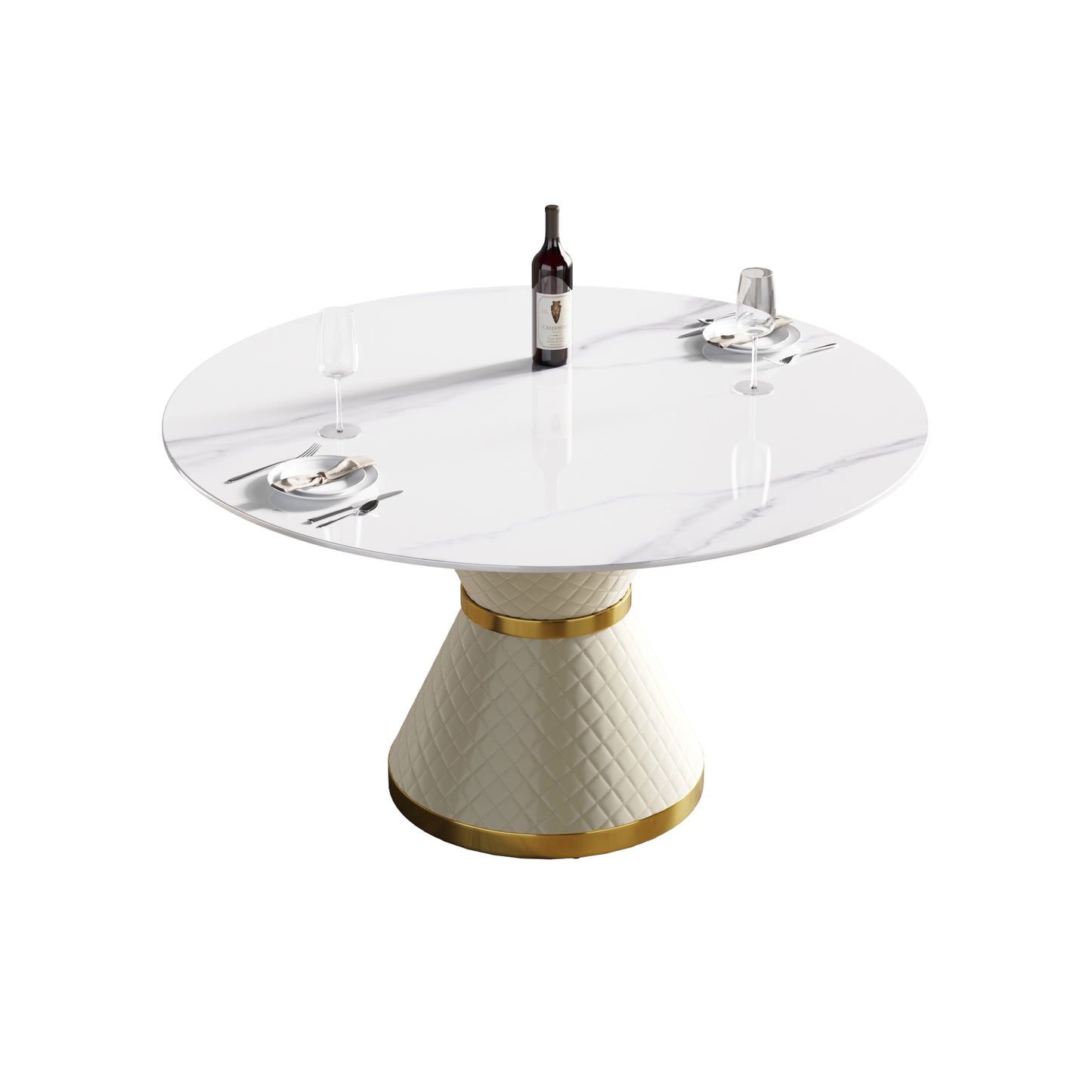 Round white marble dining table with quilted cream base and gold trim