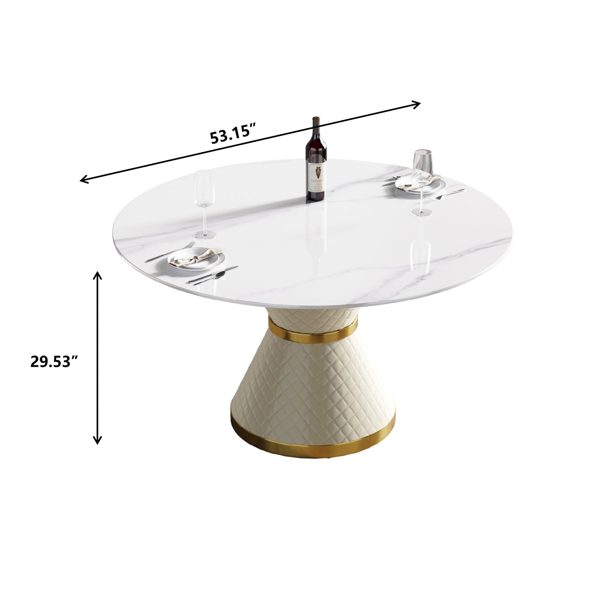 White marble top dining table with a textured cream base and gold accent
