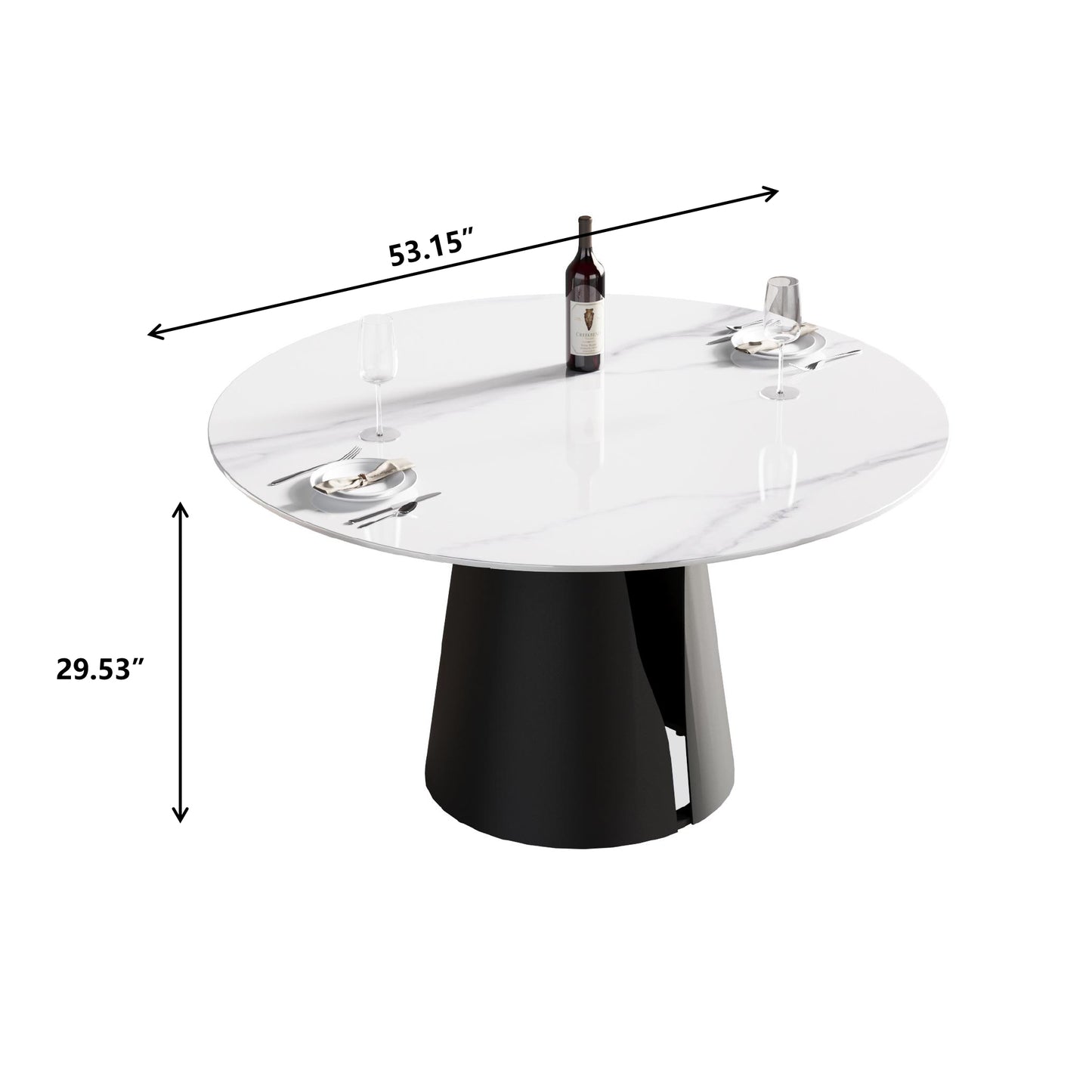 Modern round dining table with white marblepatterned top and black pedestal base