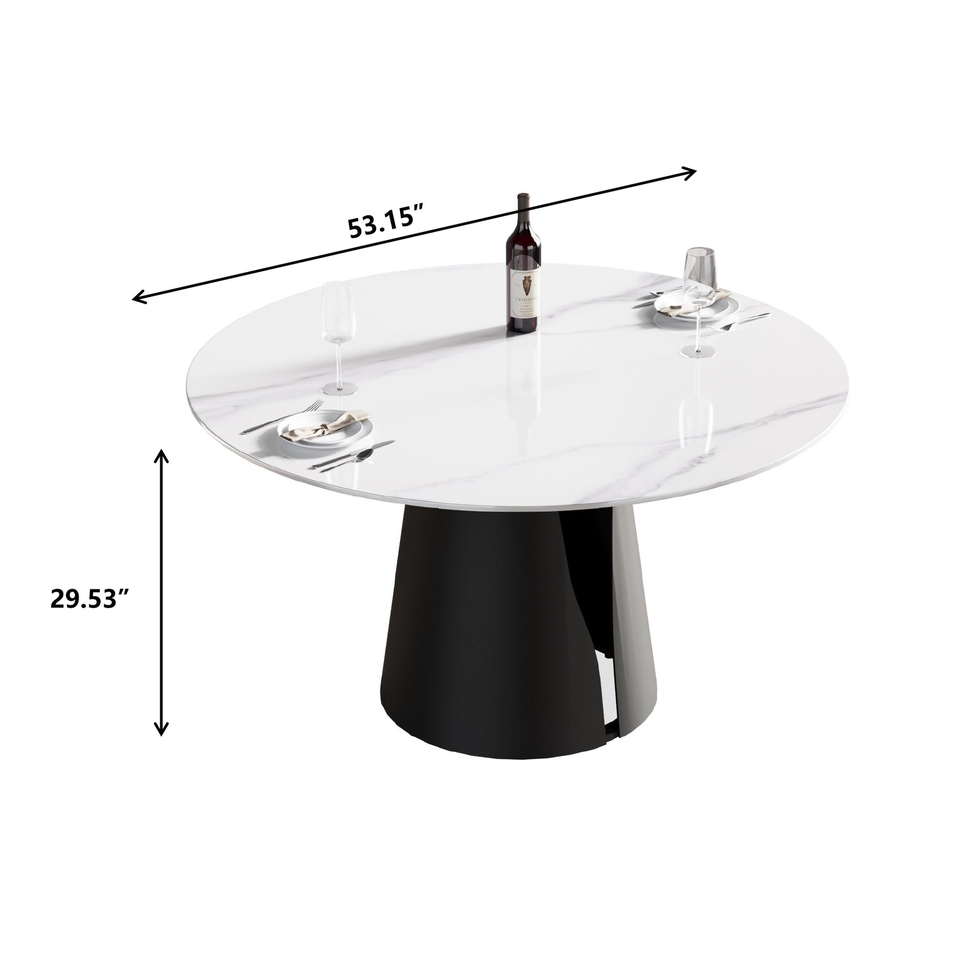 Modern round dining table with white marblepatterned top and black pedestal base