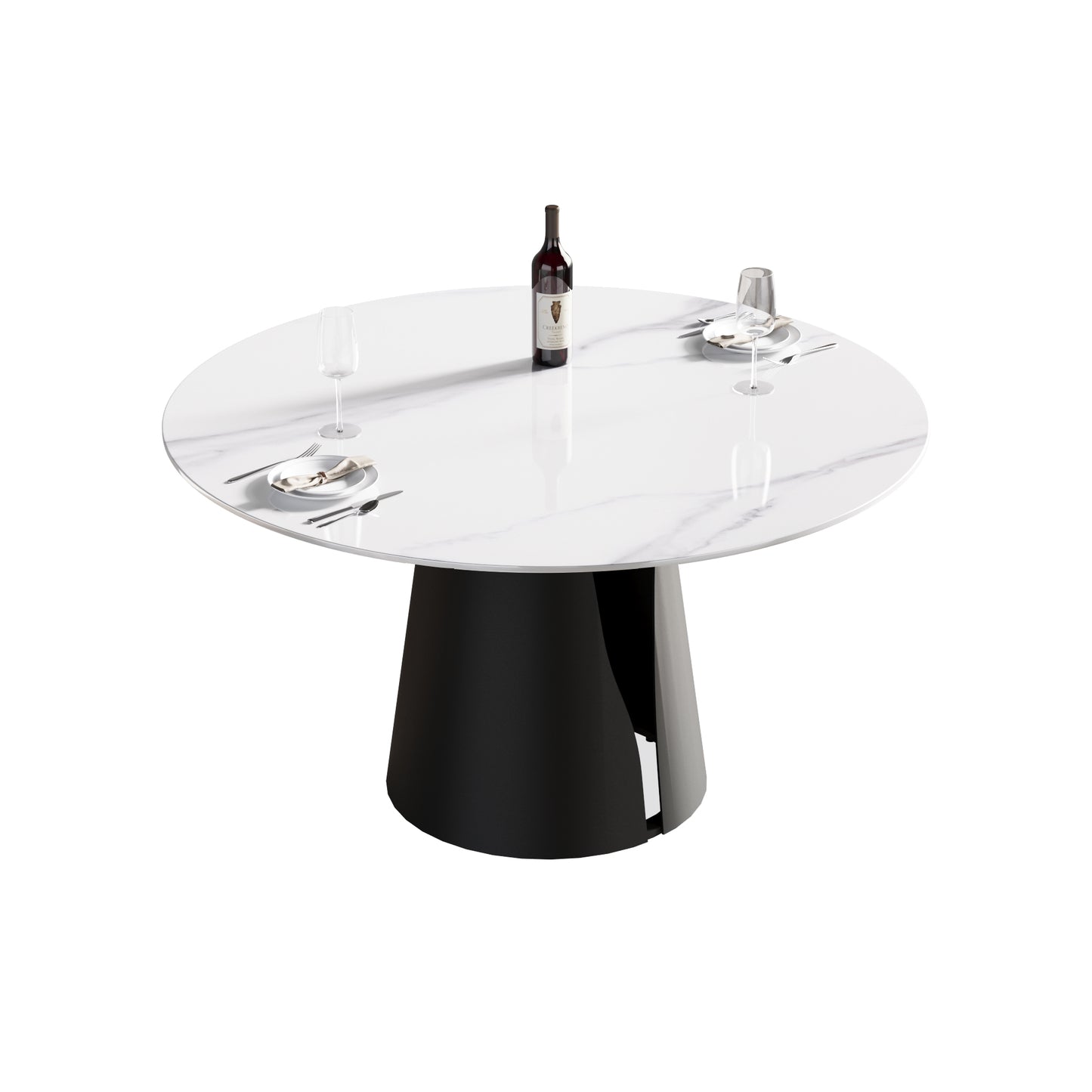 Round marble dining table with black pedestal base and place settings