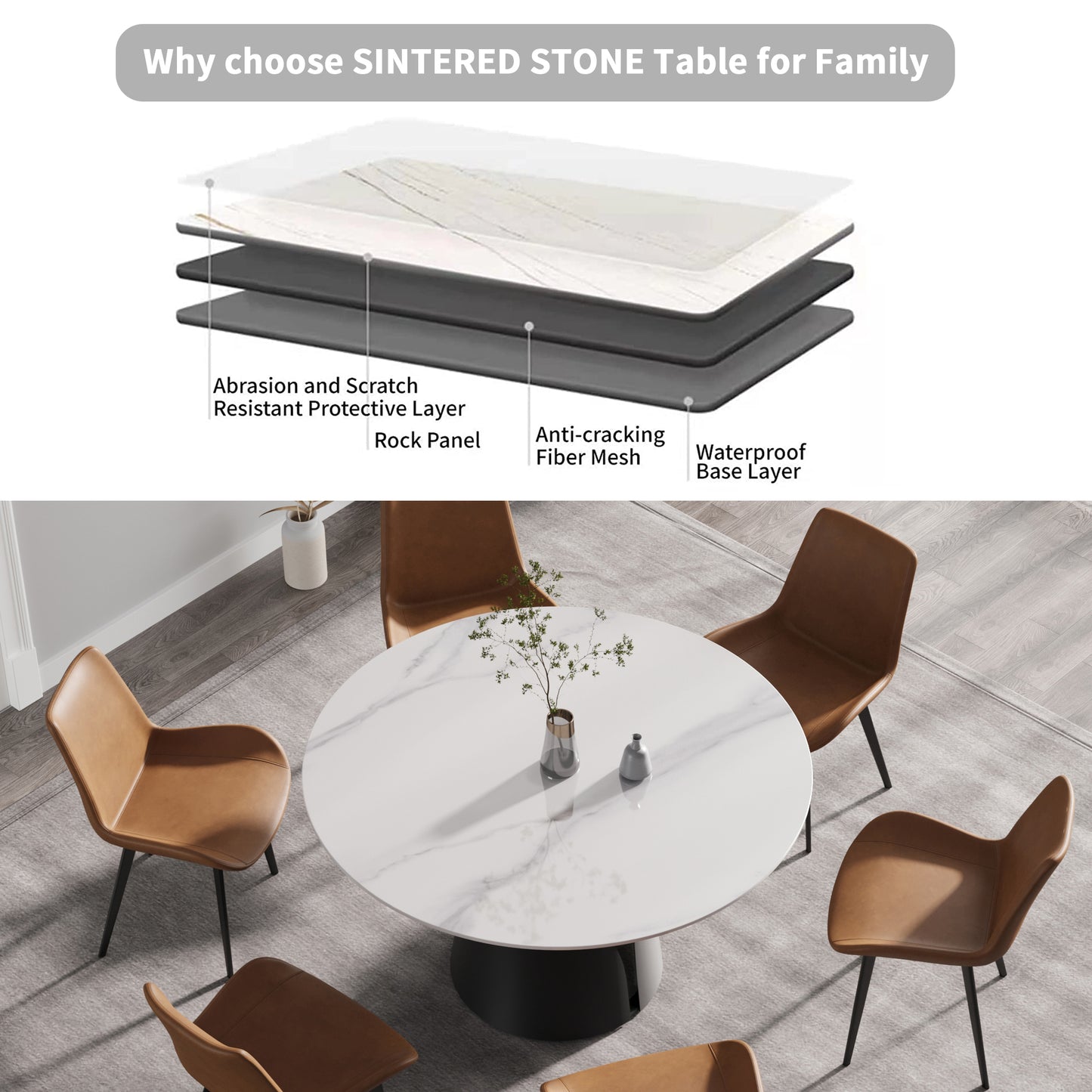 Sintered stone dining table with white marble pattern and brown leather chairs