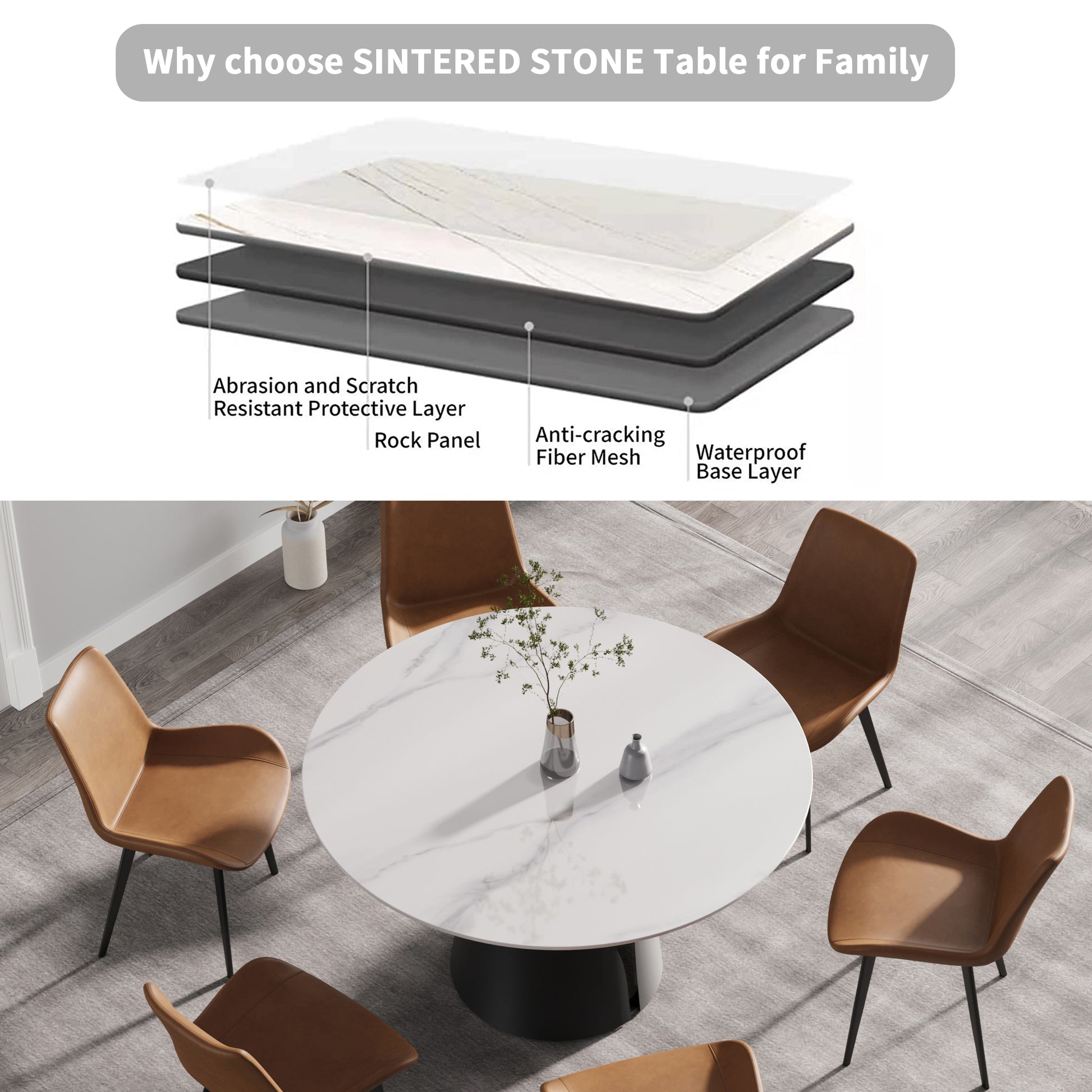 Sintered stone dining table with white marble pattern and brown leather chairs