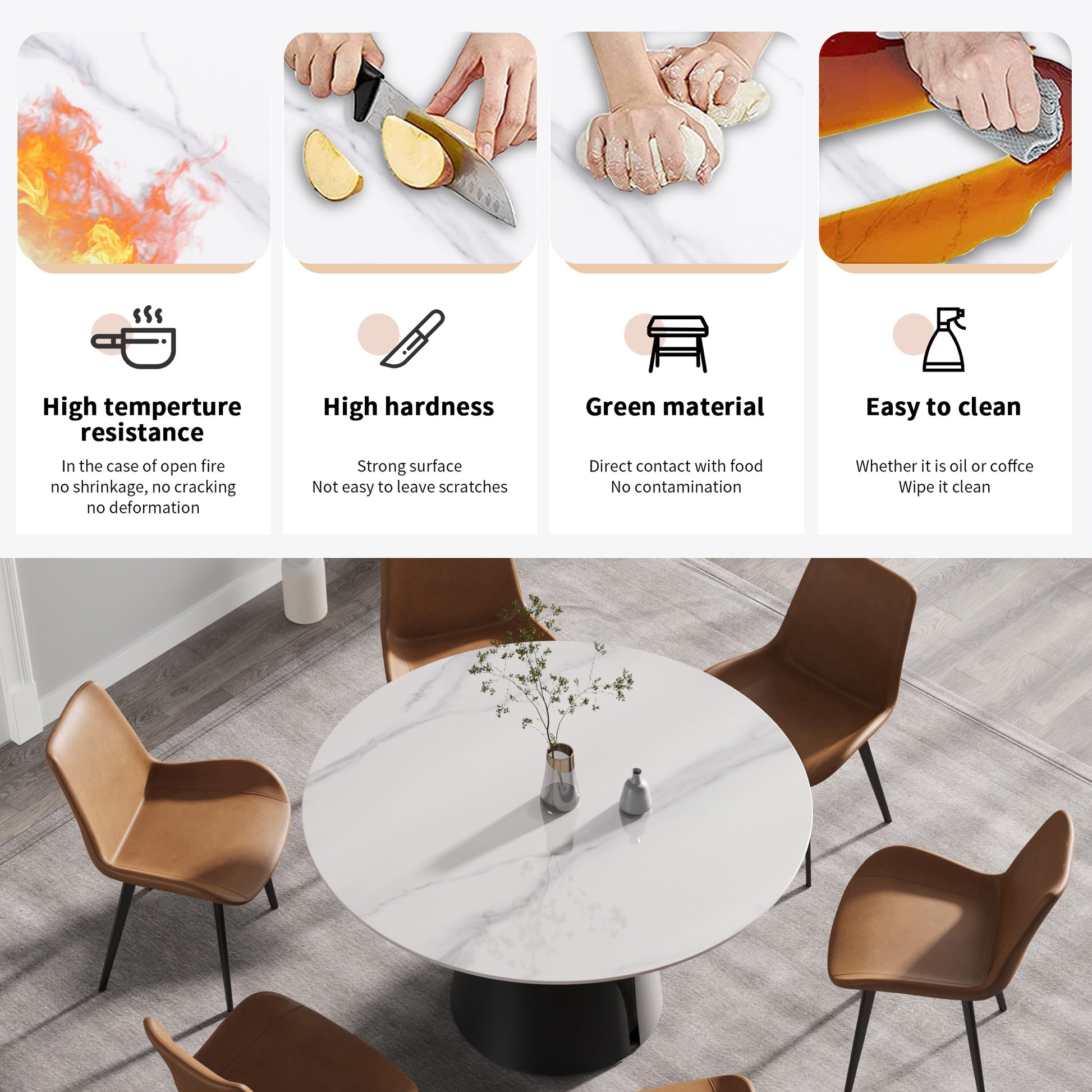 Round white marble dining table with brown leather chairs