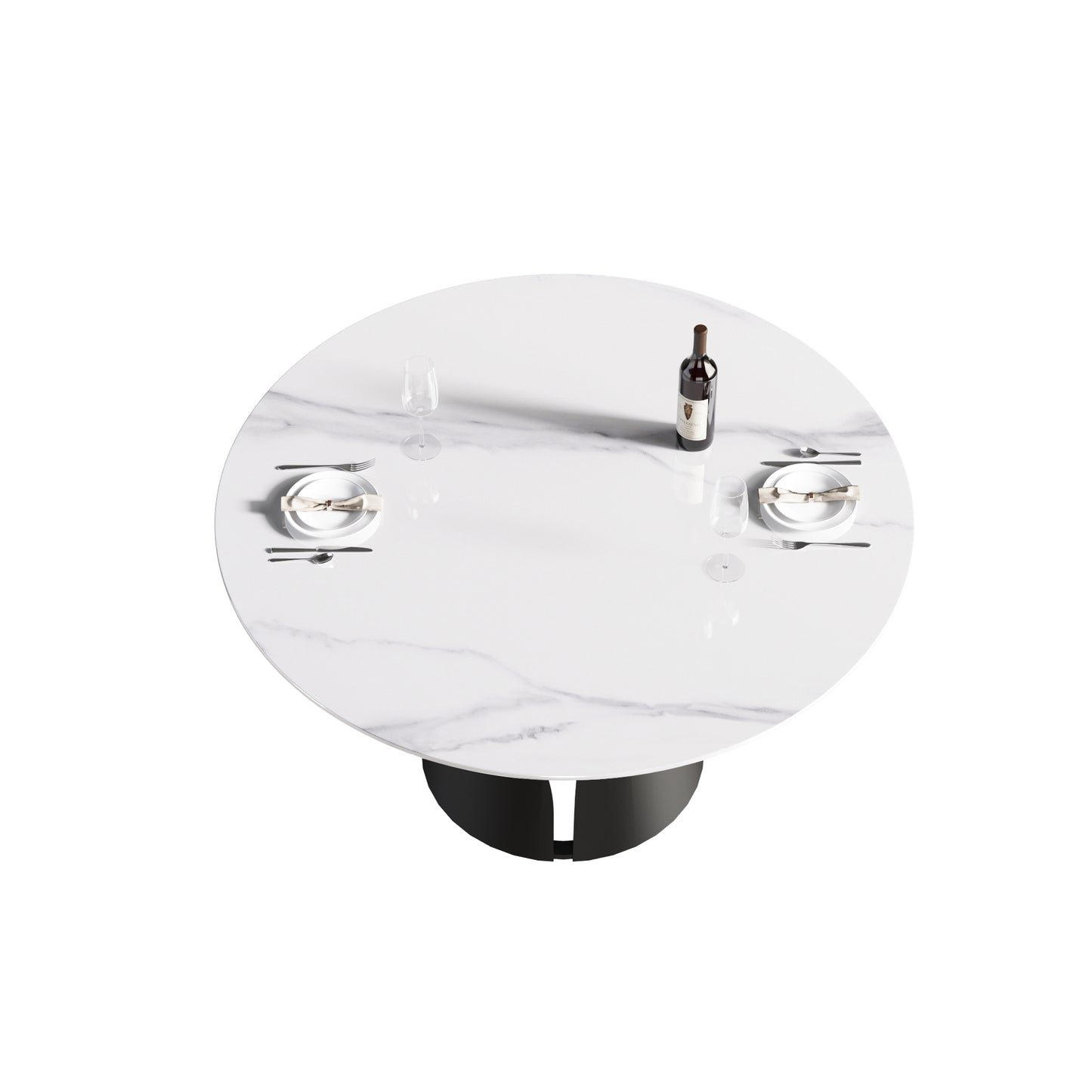 Modern white marble top dining table with black pedestal base