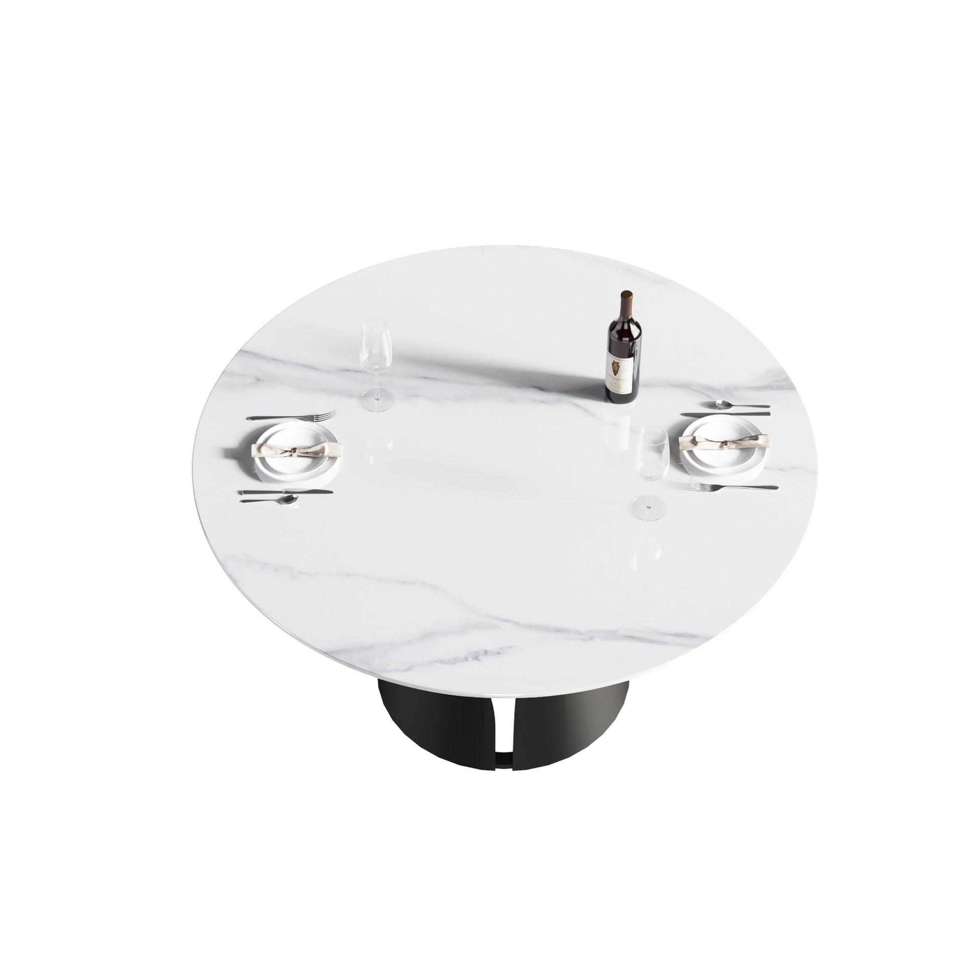 Modern white marble top dining table with black pedestal base