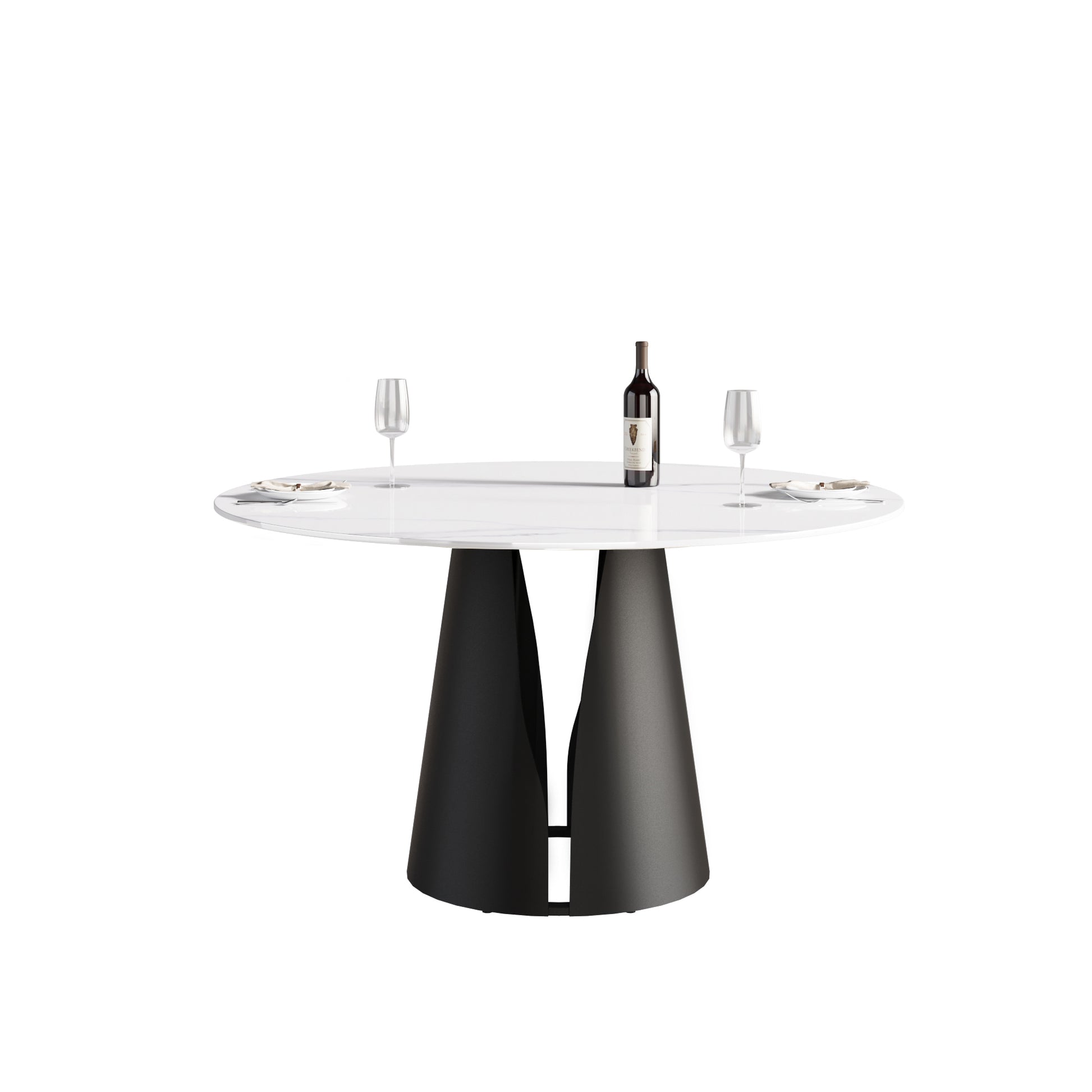 Modern white marblelook dining table with black conical bases