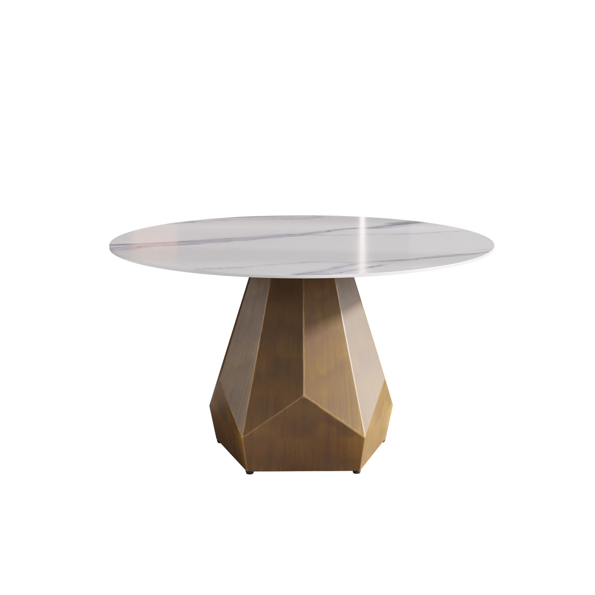 Round marble dining table with geometric bronze base