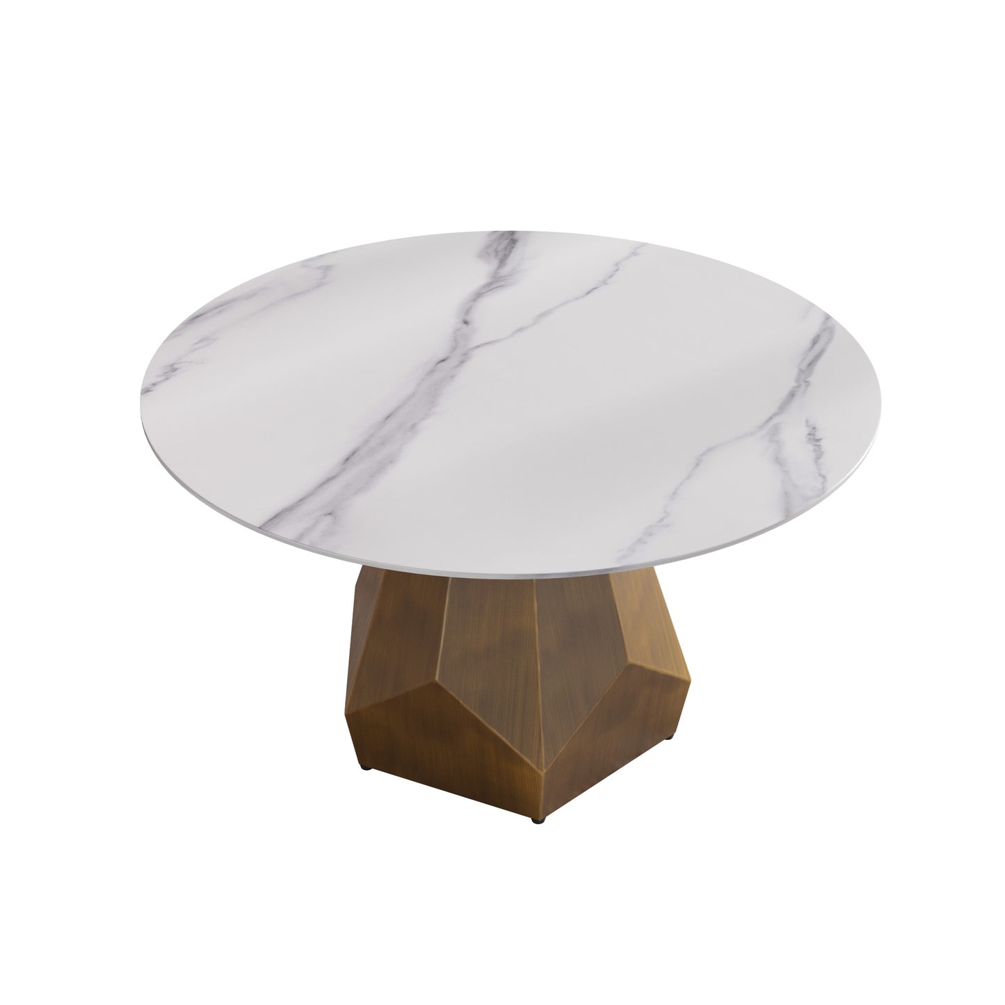 Round marble coffee table with geometric bronze base