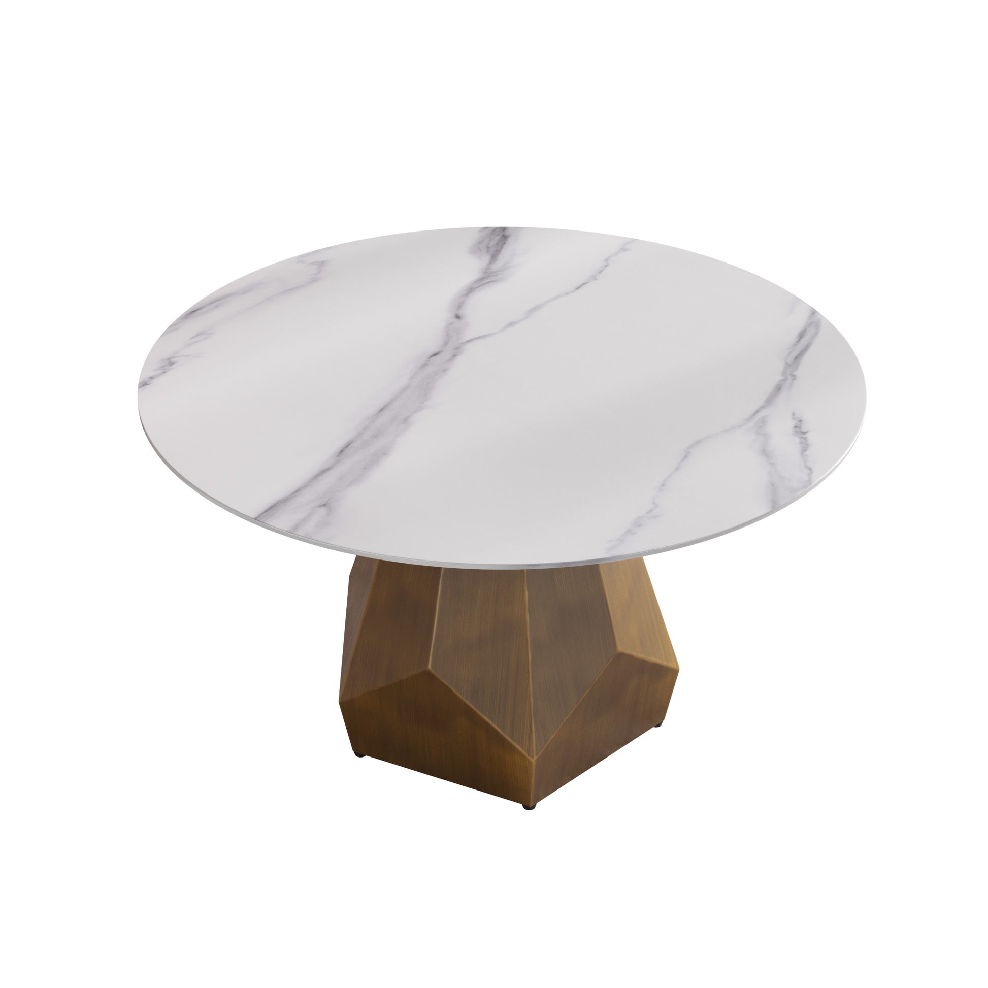 Round marble coffee table with geometric bronze base