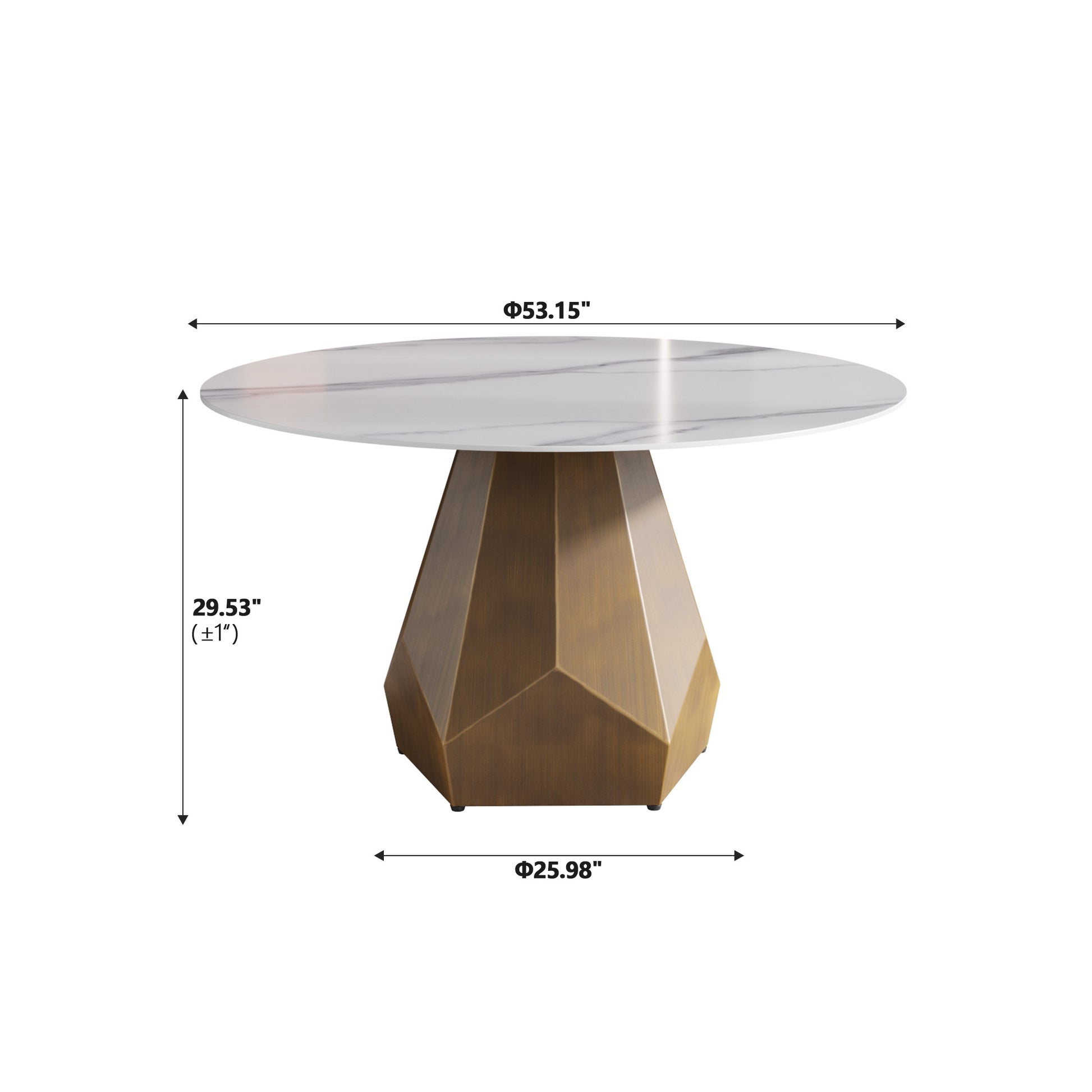 Round marble top dining table with geometric gold pedestal base