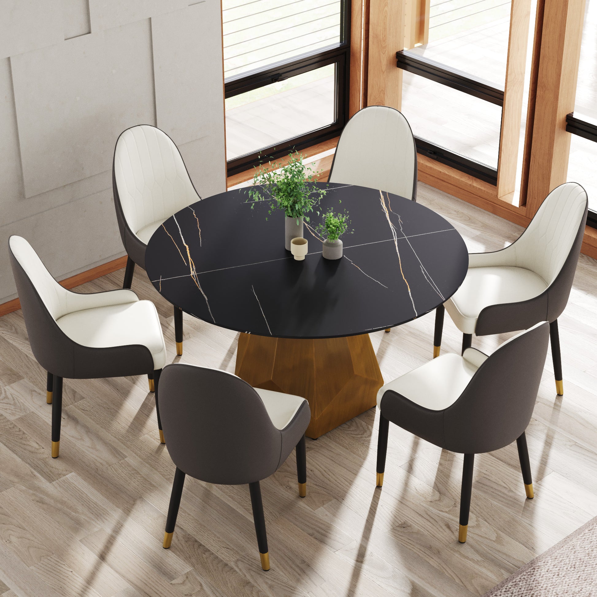 Black marble dining table with gold geometric base and six upholstered chairs