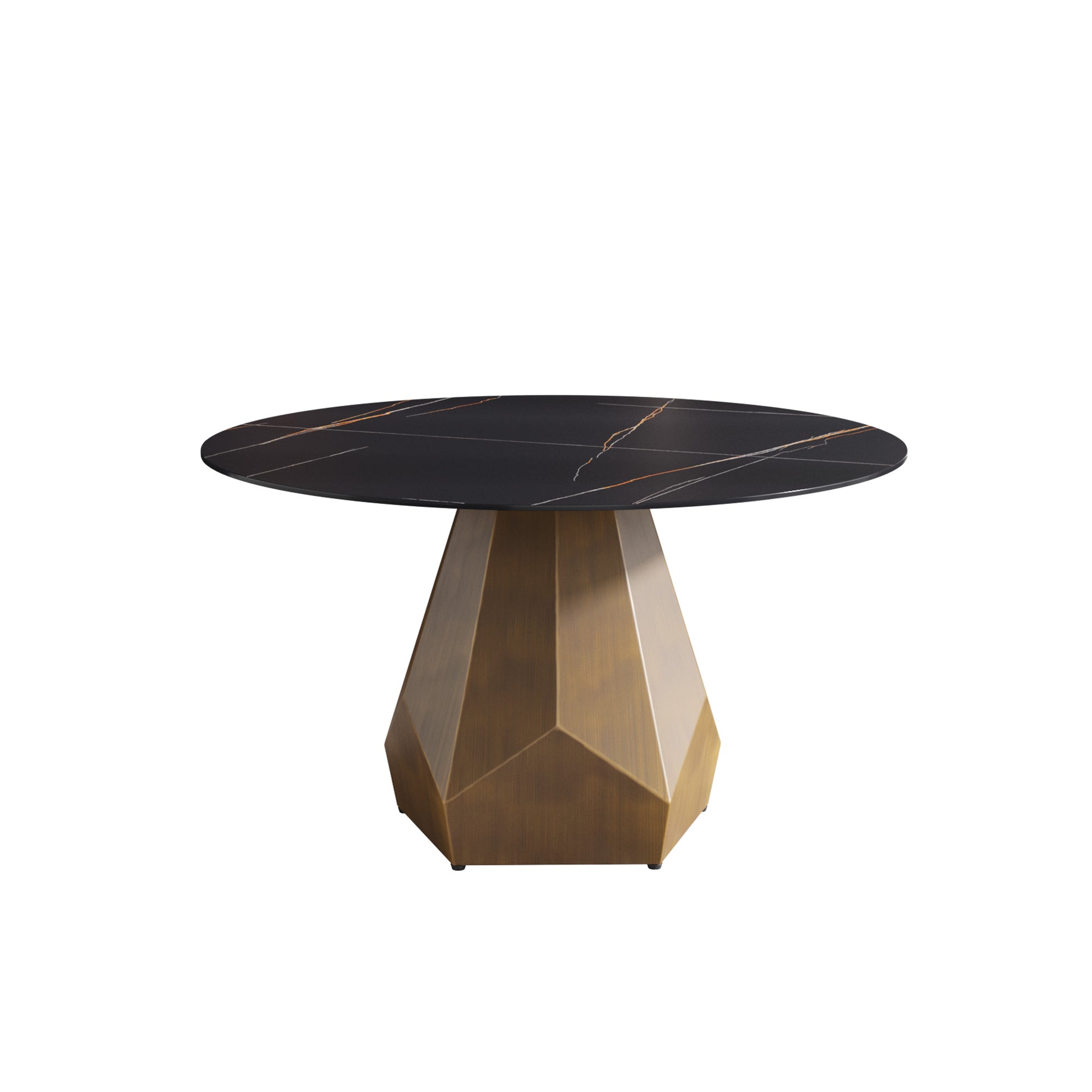 Modern round dining table with black marble top and gold base