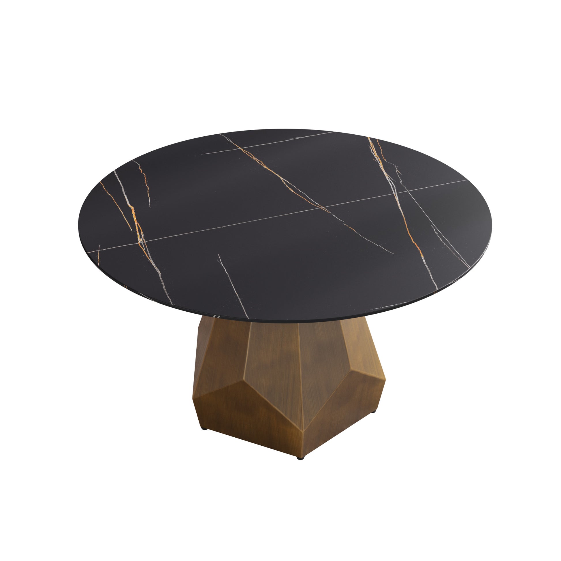 Round black marble coffee table with gold veining and faceted bronze base