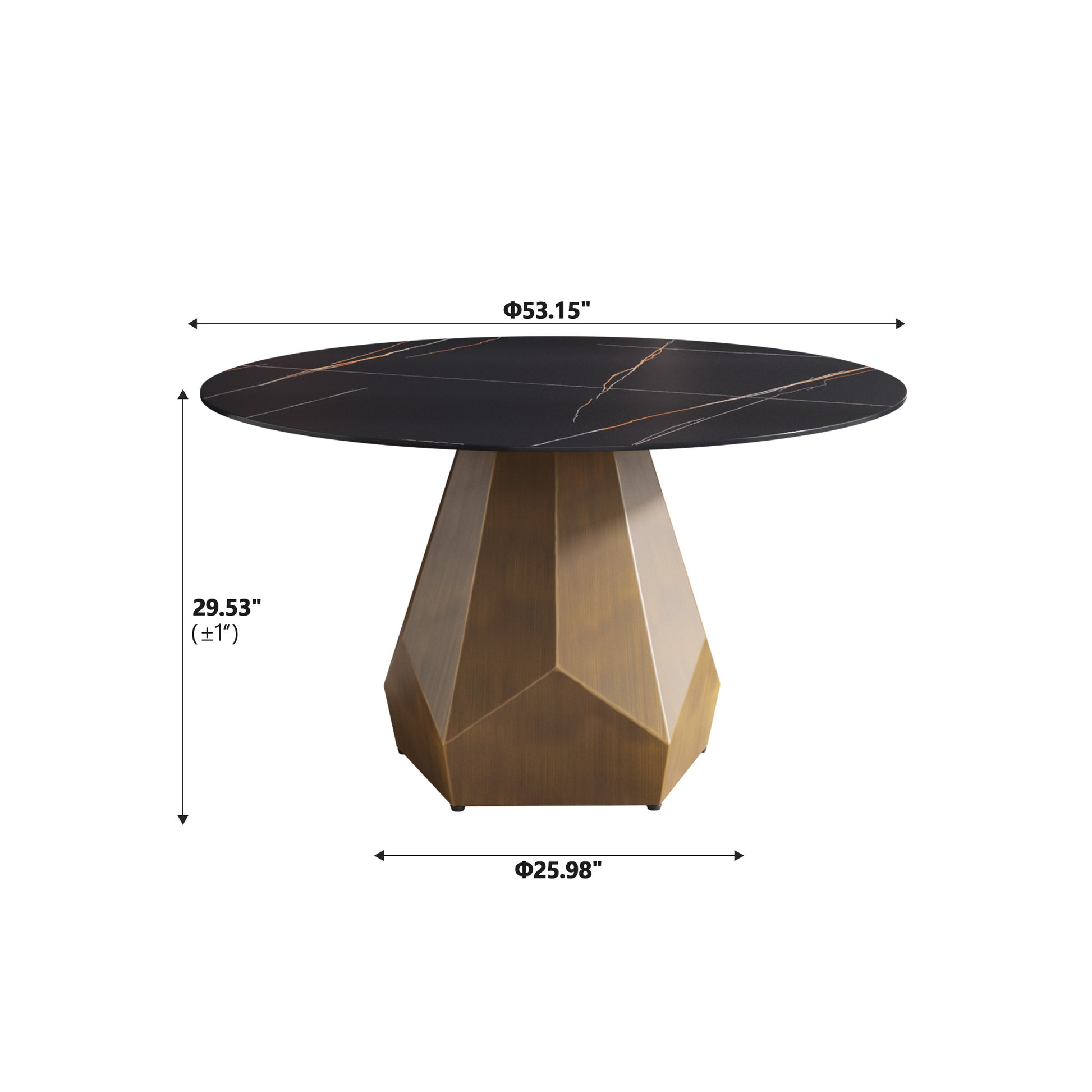 Round black marble top dining table with gold veining and faceted metal base