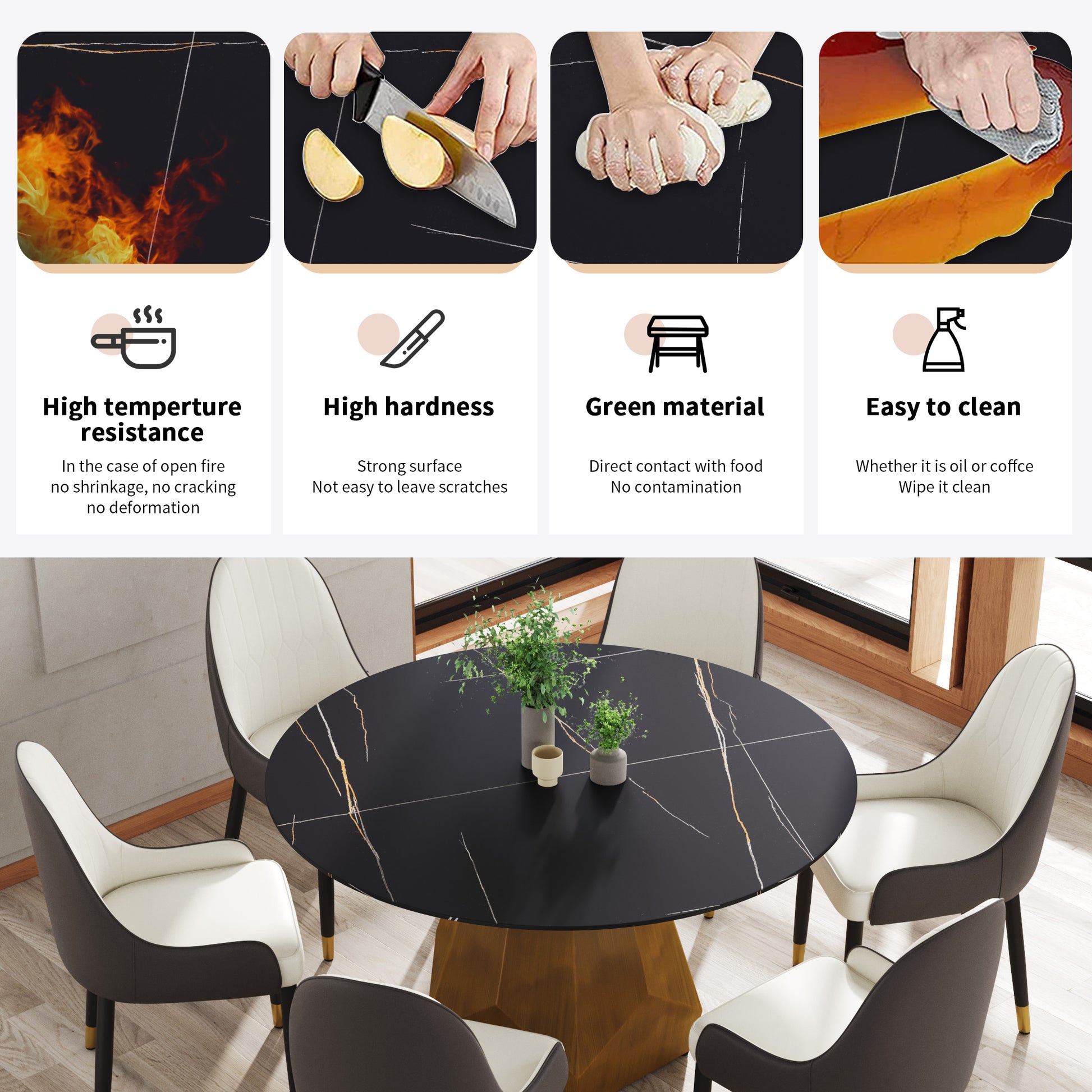 Black marble dining table with gold accents and modern chairs