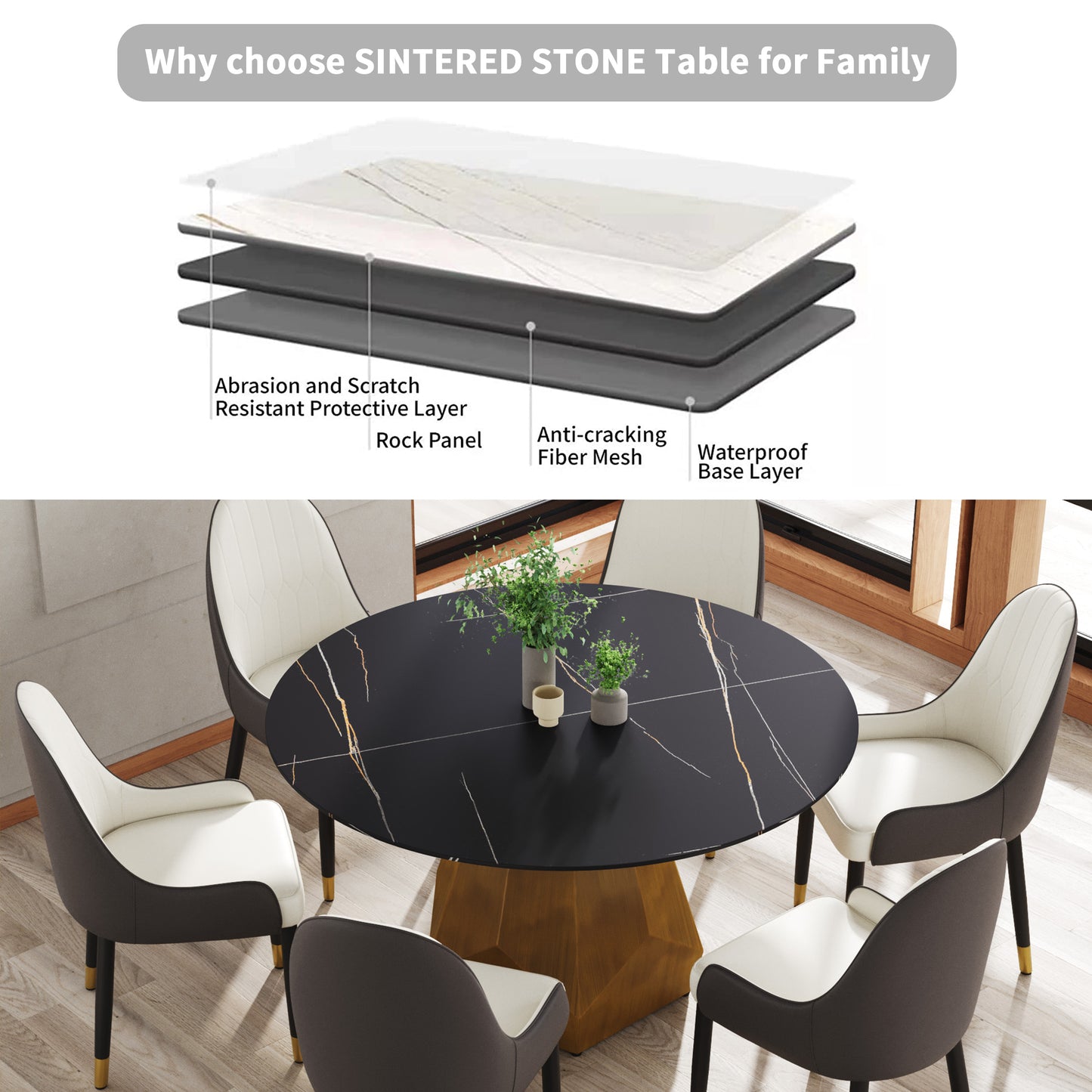 Round sintered stone dining table with marbled black top and gold accents