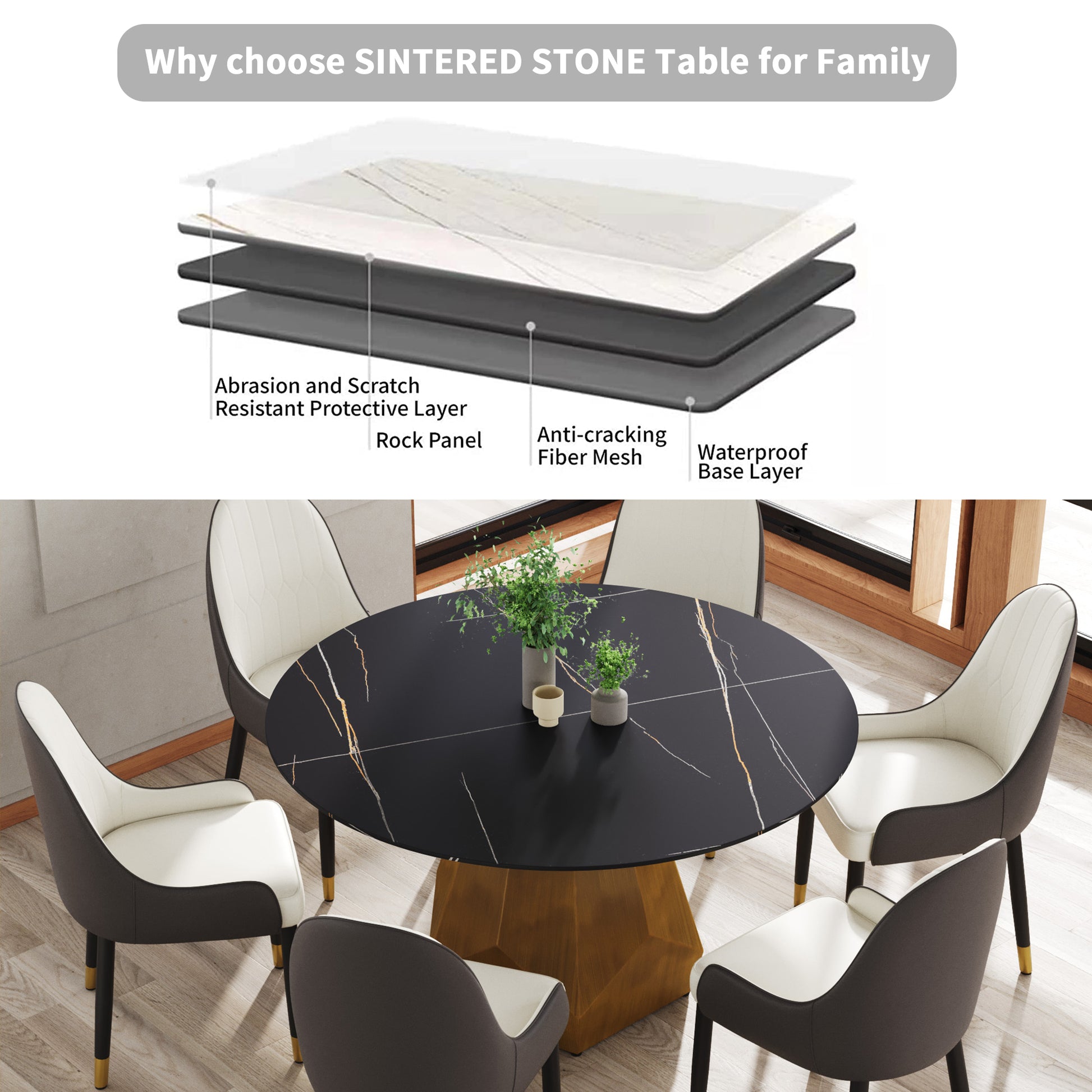 Round sintered stone dining table with marbled black top and gold accents
