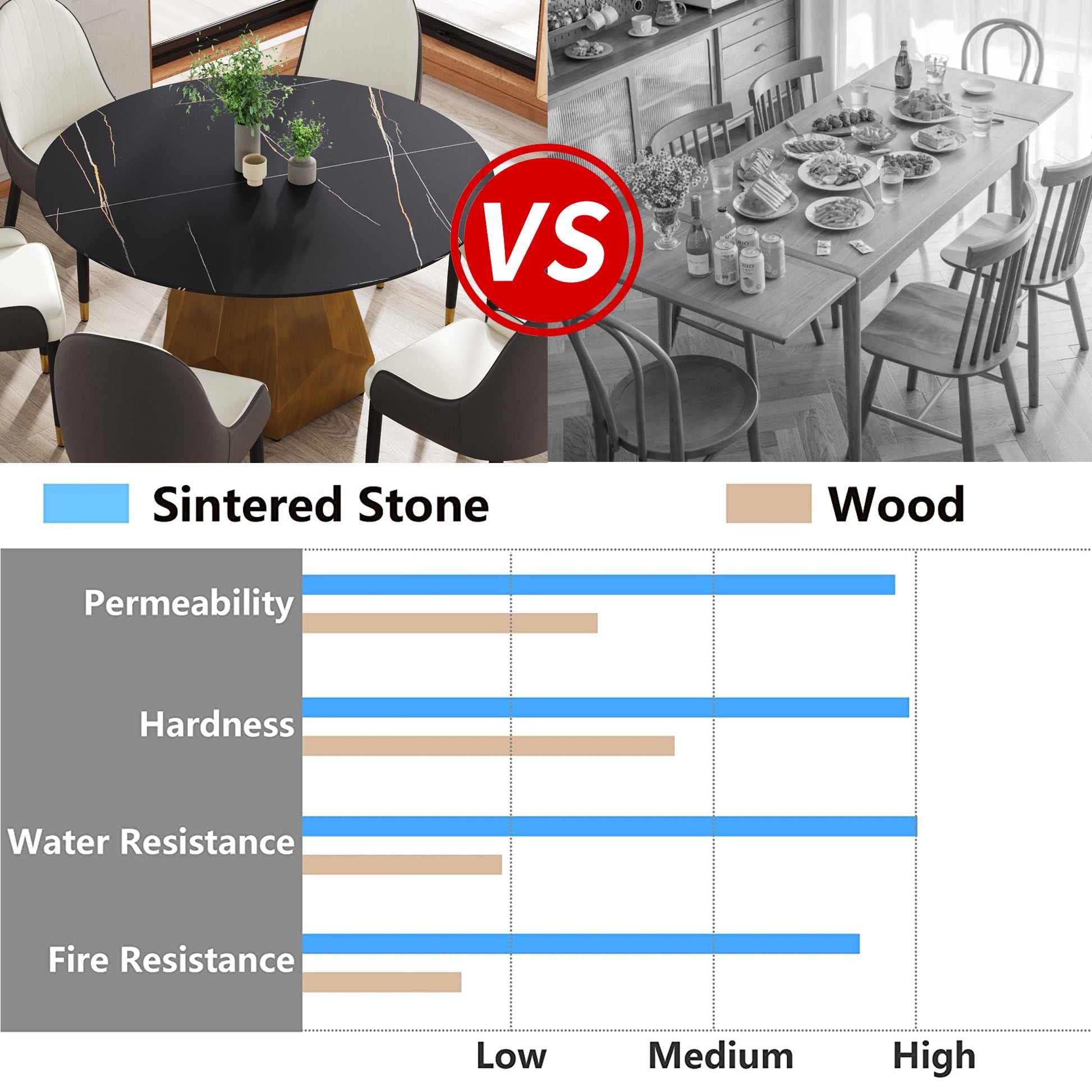 Black sintered stone round dining table with gold base and upholstered chairs