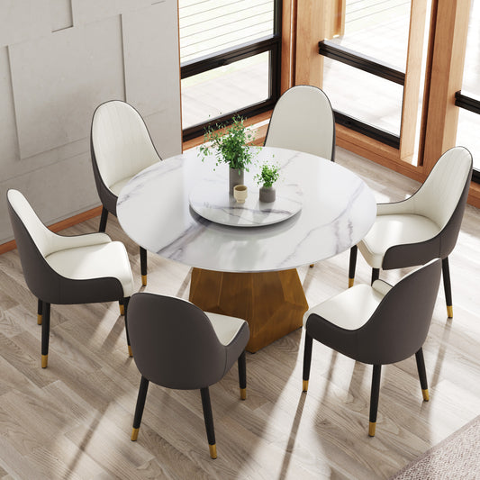 Modern round marble dining table with six upholstered chairs