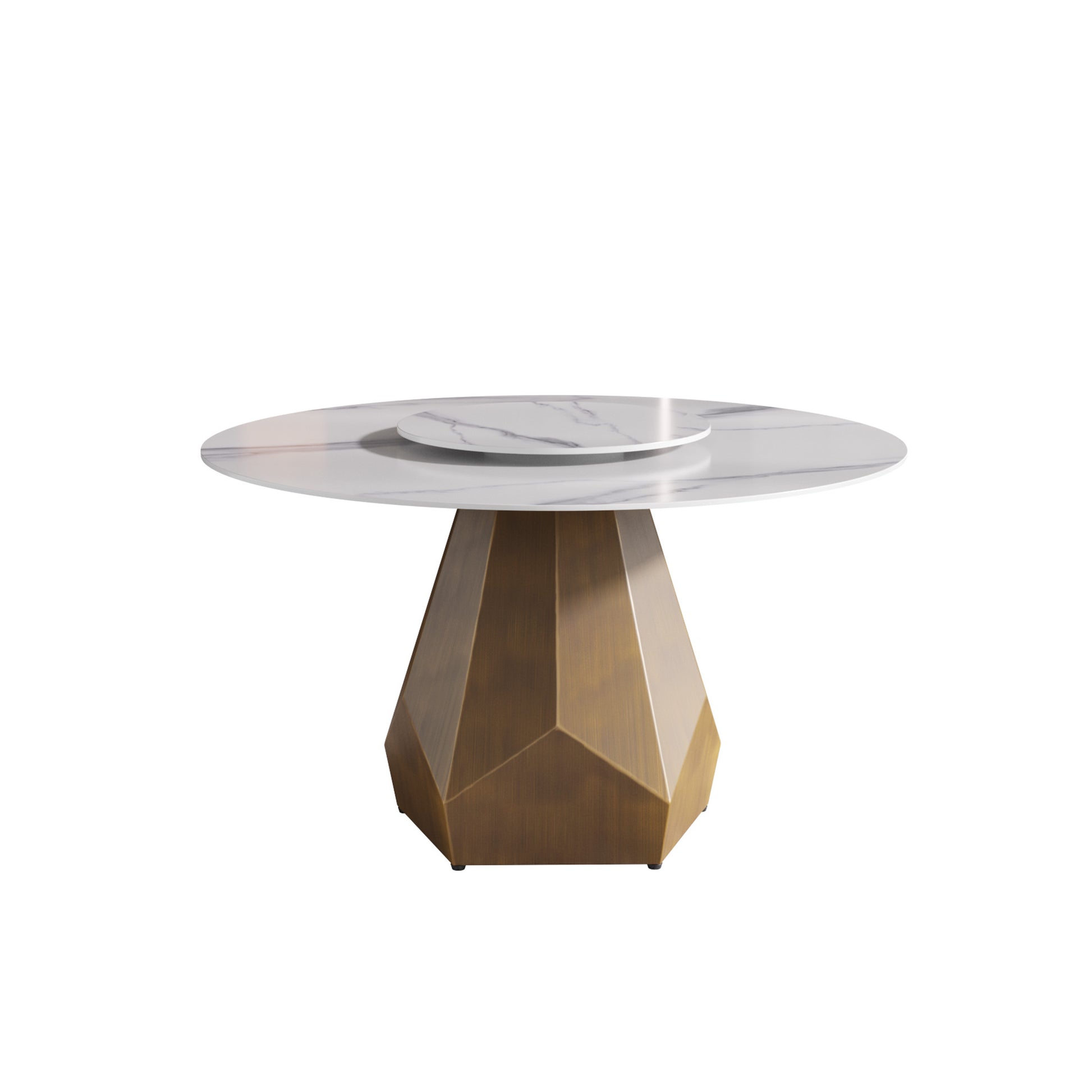 Modern marble top dining table with faceted brass base