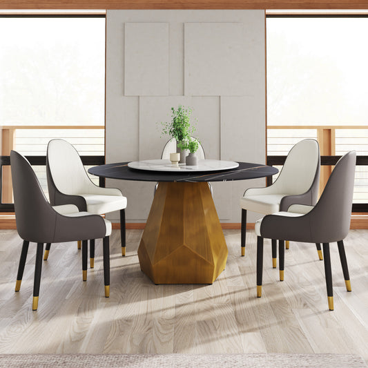 Modern dining chairs with white and charcoal upholstery and gold accents