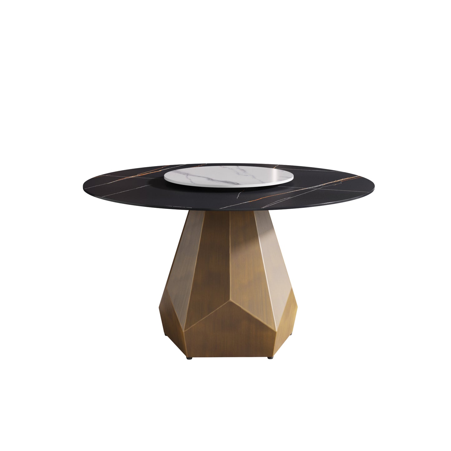 Modern round dining table with black marble top and brass geometric base