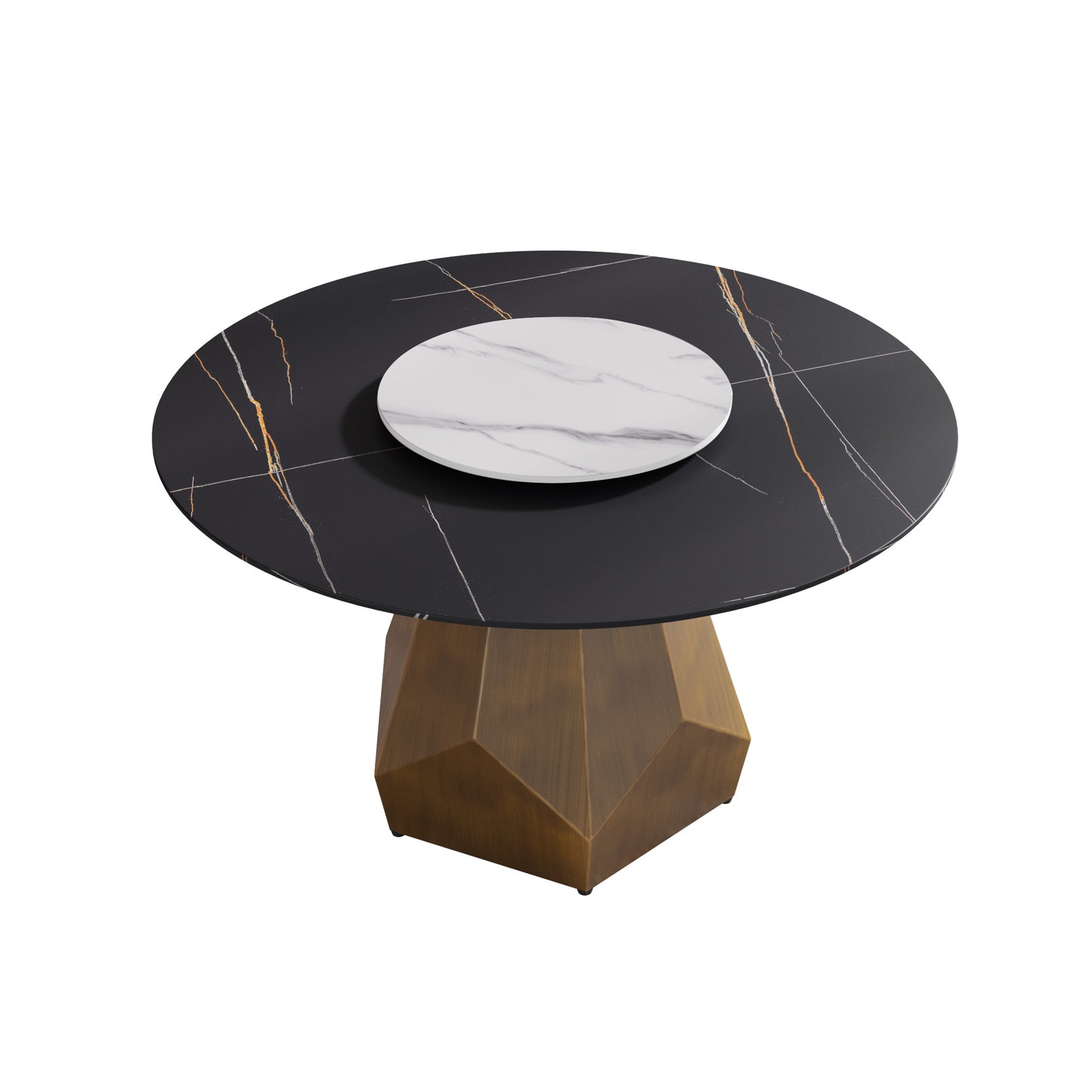 Black marble dining table with gold accents and geometric bronze base