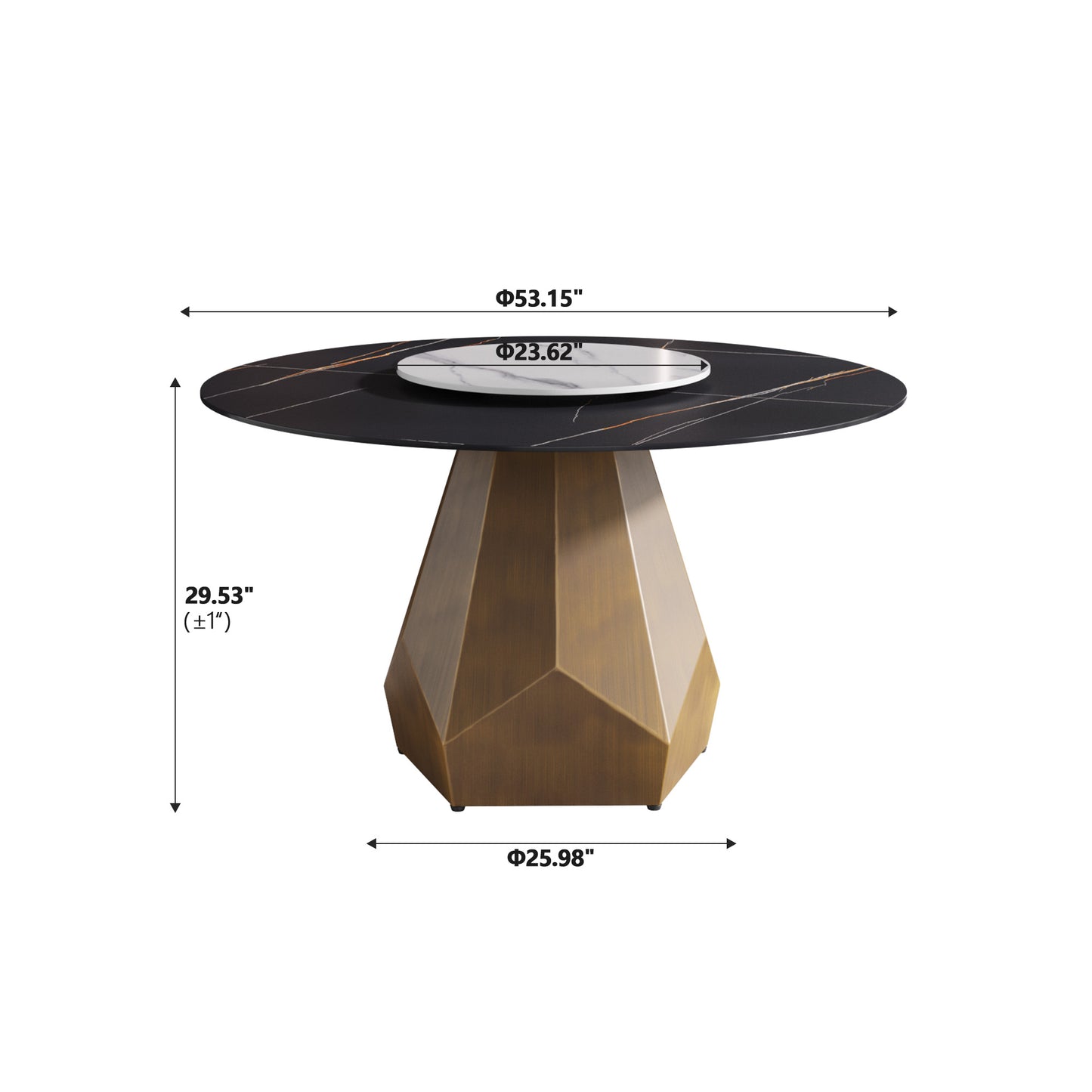 Round black marble dining table with gold veining and brass geometric base